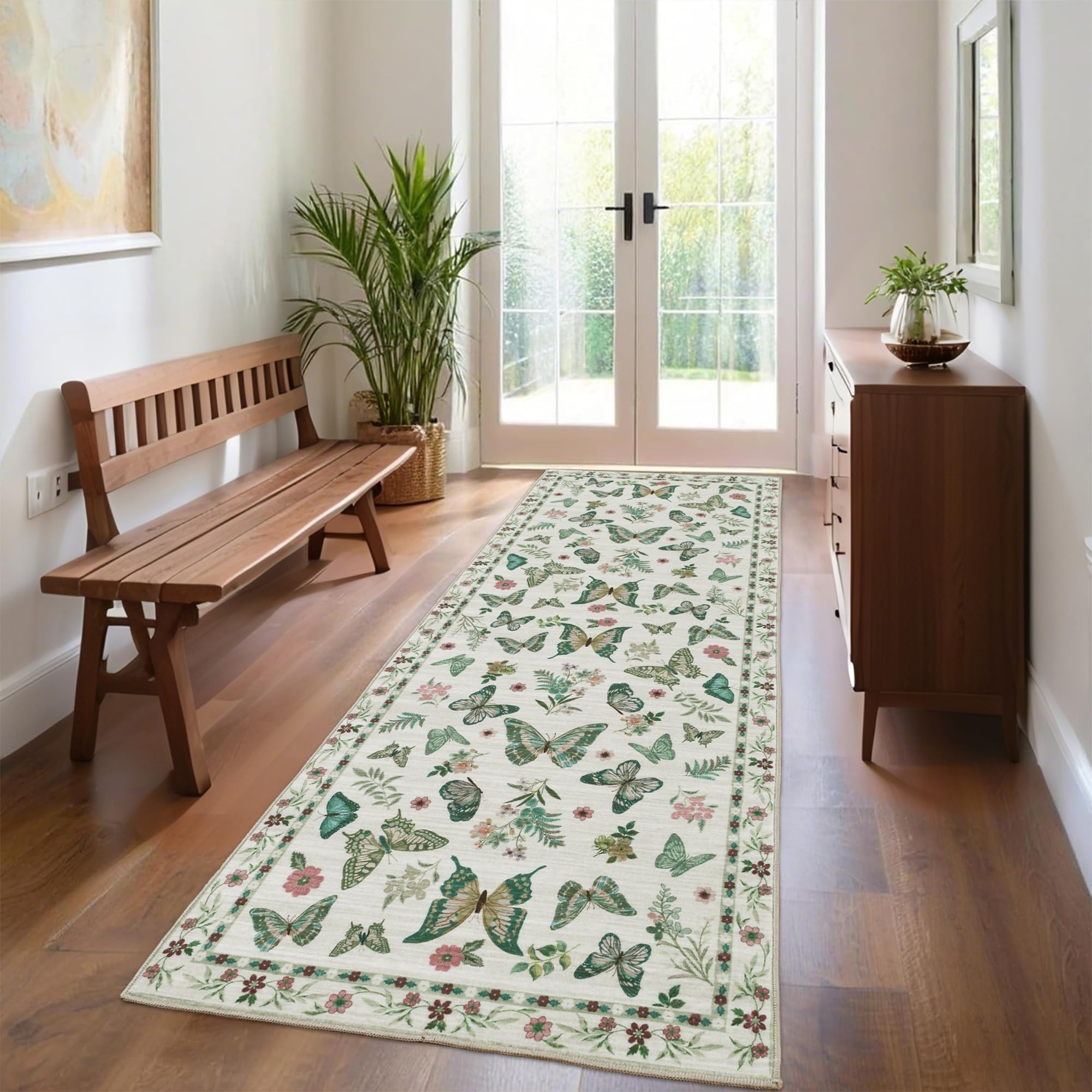 Insect Floral Area Rug, Machine Washable Area Rug Non-Slip Low Pile Large Bedroom Rug Stain Resistant Throw Rug Carpet