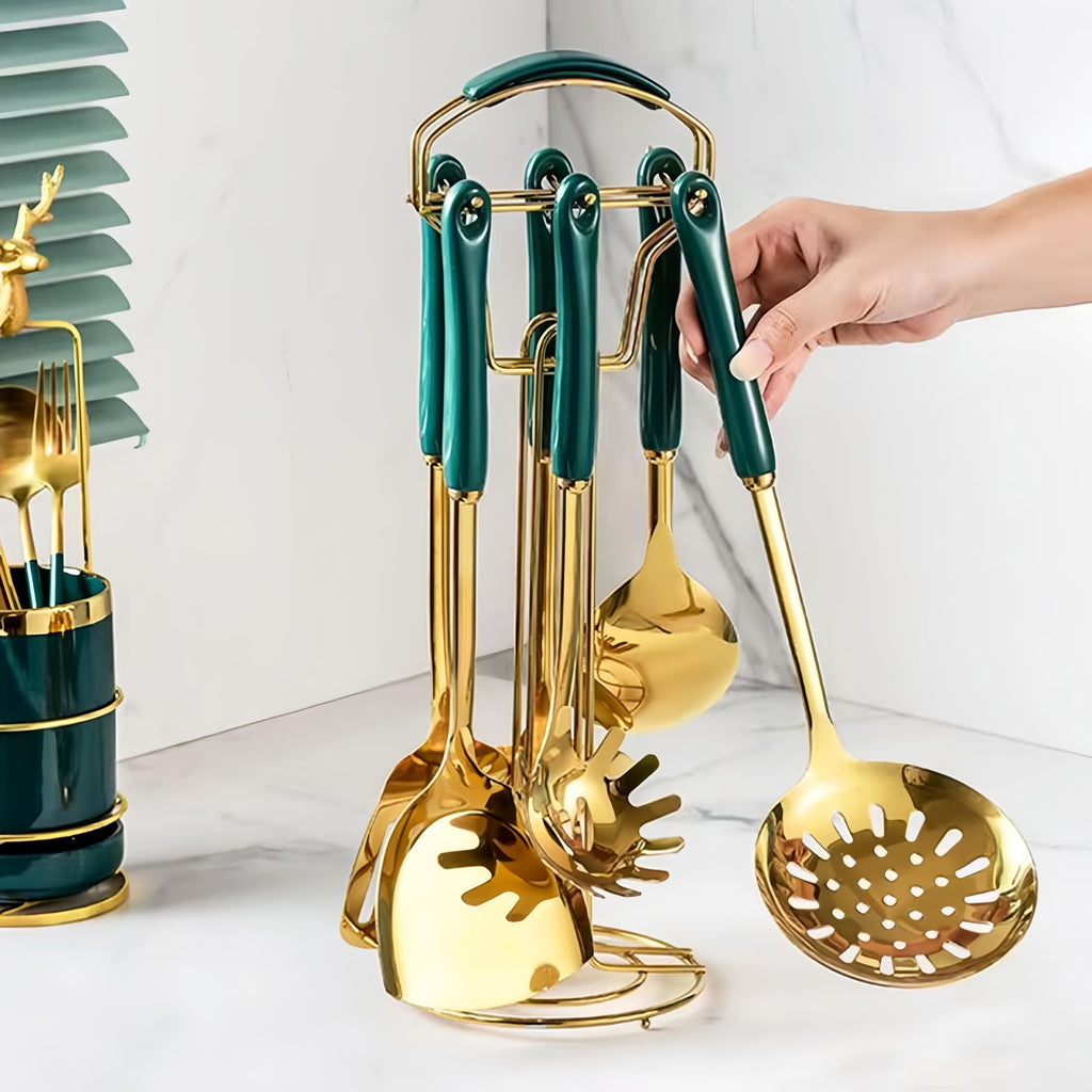 Gold Kitchen Utensils, 7pieces Gold Cooking Utensils Set, Kitchen Tools Set With Utensil Holder, Gold Kitchen Accessories, Dishwasher Safe, Easy To Clean