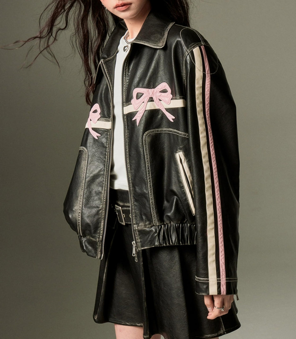 Women Y2k Bow Jacket Leather Bomber Jacket Faux Leather Jacket Vintage Leather Jacket