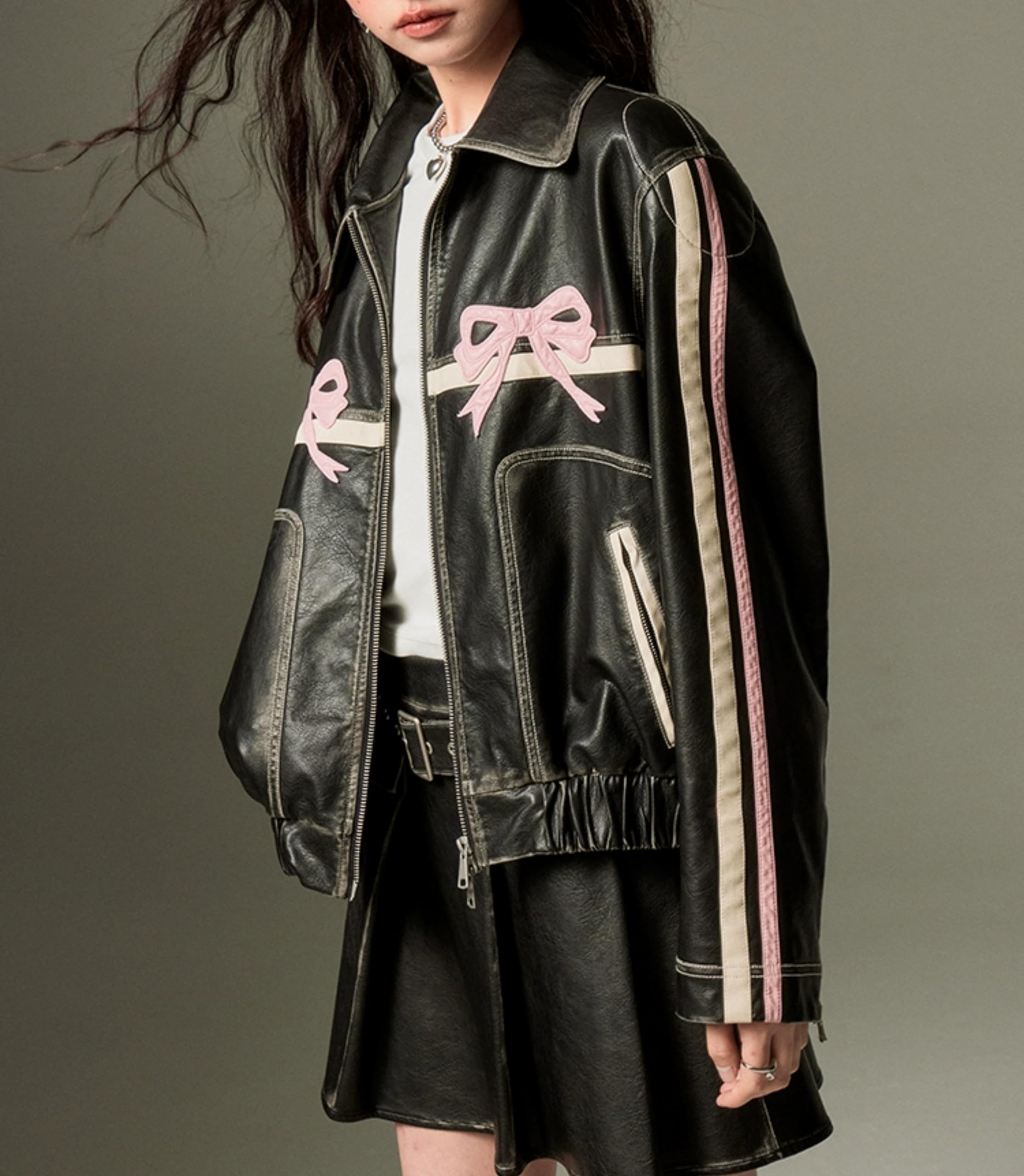 Women Y2k Bow Jacket Leather Bomber Jacket Faux Leather Jacket Vintage Leather Jacket