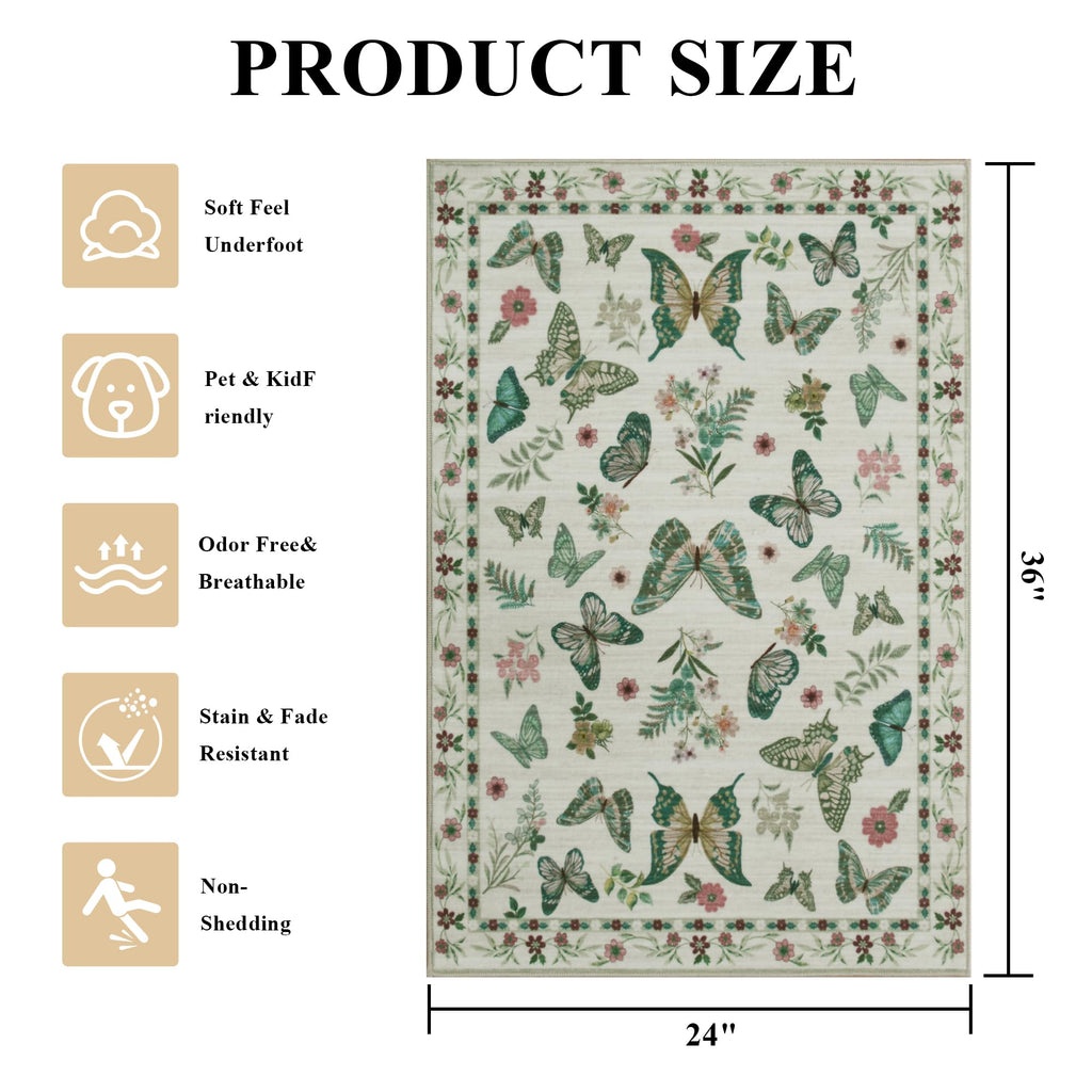Insect Floral Area Rug, Machine Washable Area Rug Non-Slip Low Pile Large Bedroom Rug Stain Resistant Throw Rug Carpet