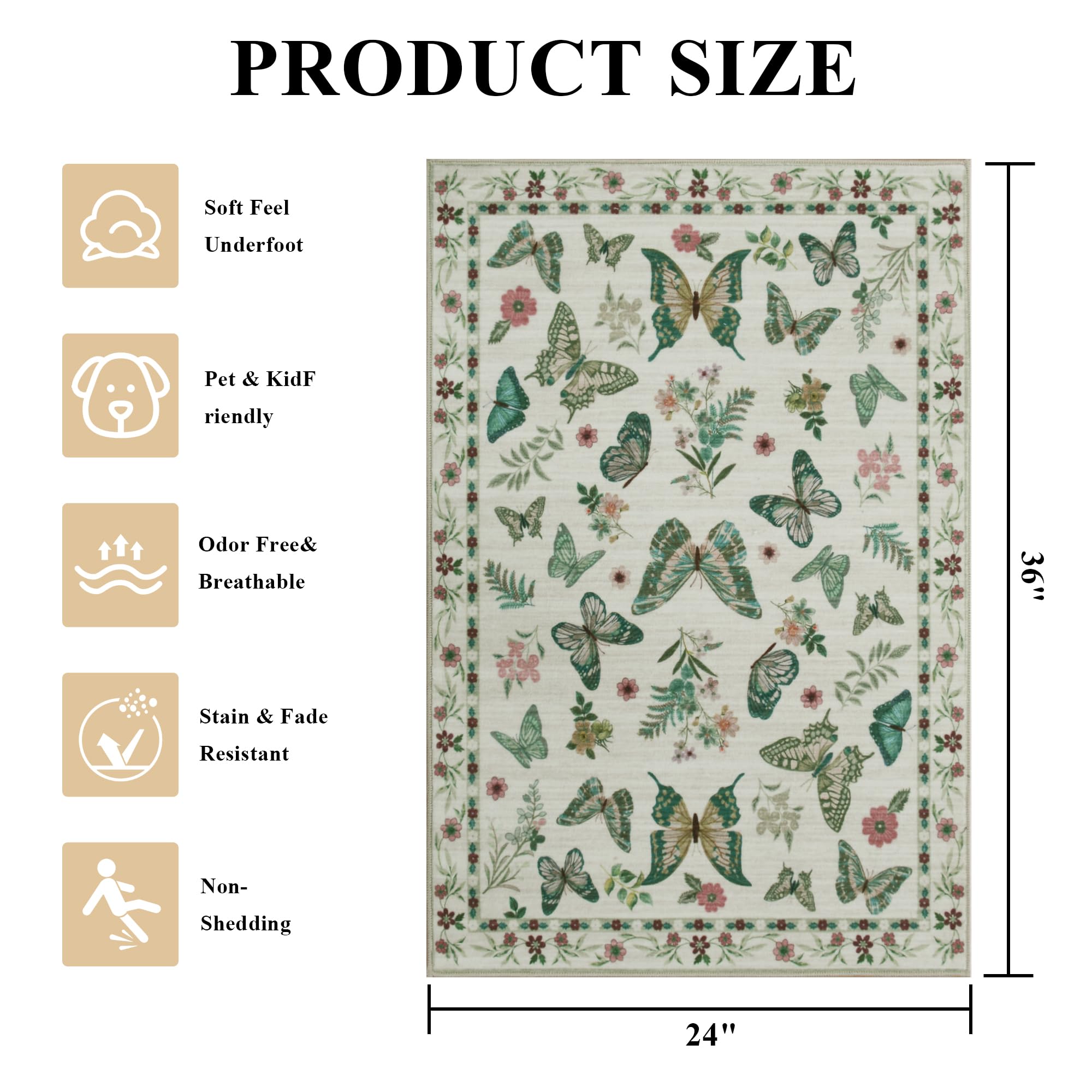 Insect Floral Area Rug, Machine Washable Area Rug Non-Slip Low Pile Large Bedroom Rug Stain Resistant Throw Rug Carpet