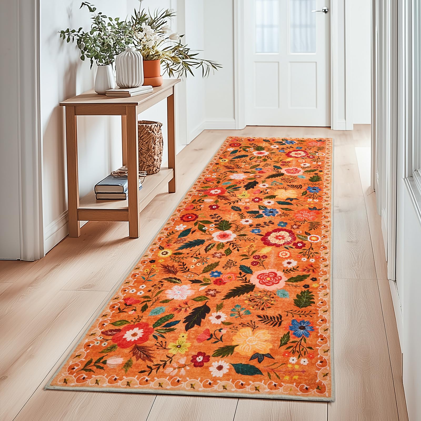 Boho Floral Vintage Rug for Home Washable Rugs Soft Low Pile, Non Slip Non-Shedding