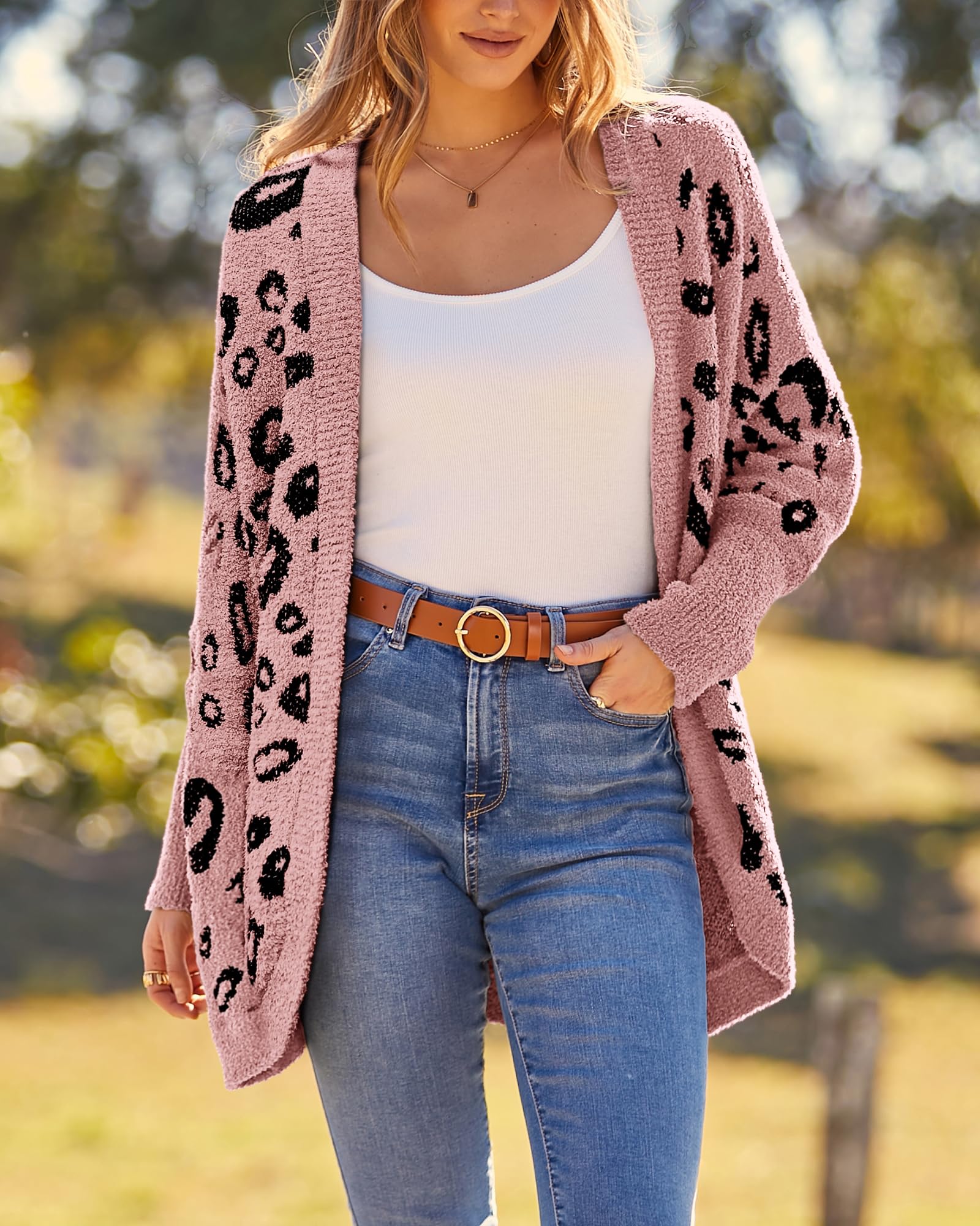 Women Fashion Leopard Print Long Sleeve Sweater Cardigan Loose Knit Open Front Fall Winter Outwear Coats