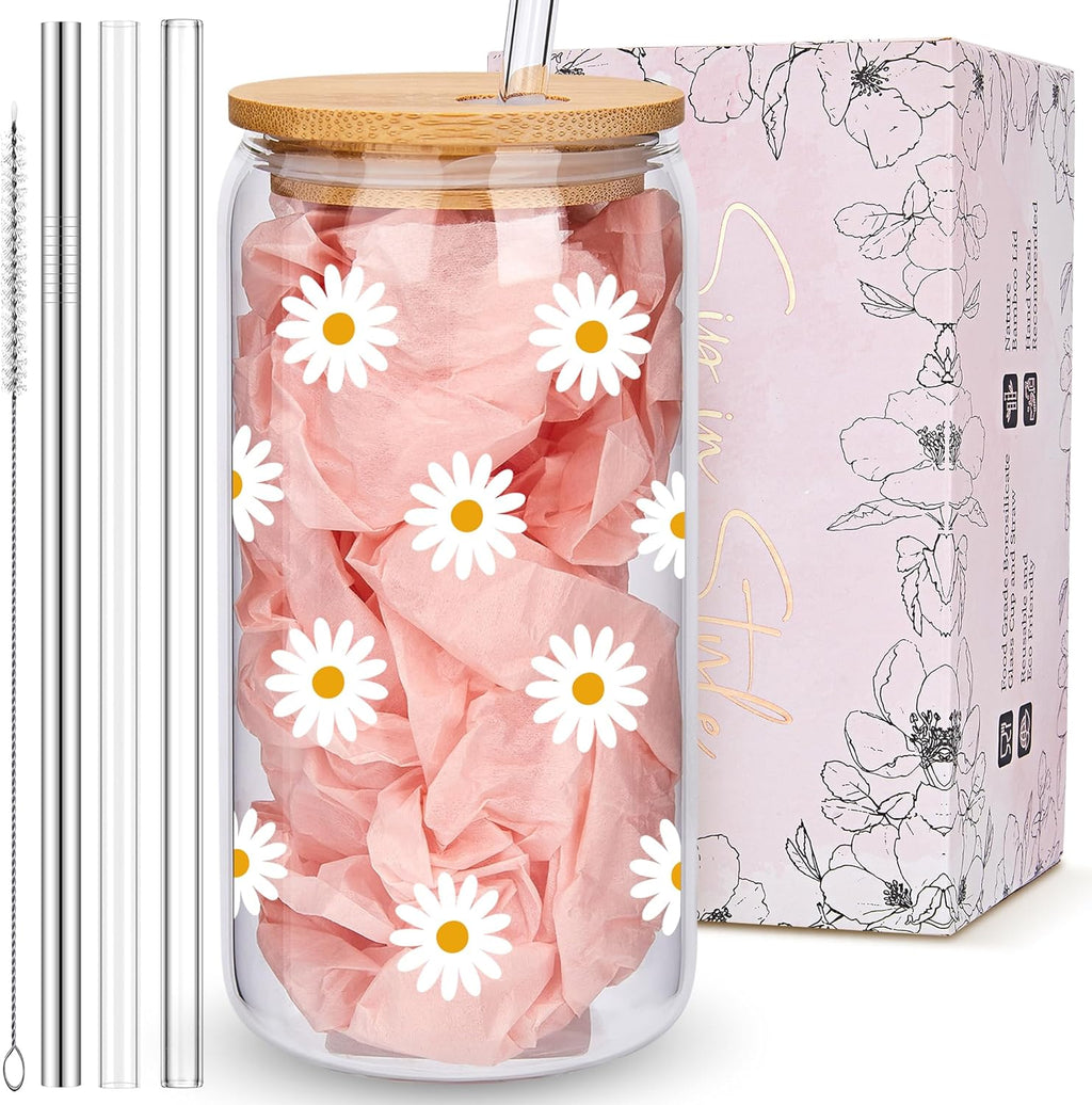 Cute Glass Cups with Lids and Straws, Daisy Design Iced Coffee Cup, Aesthetic Mug Tumbler