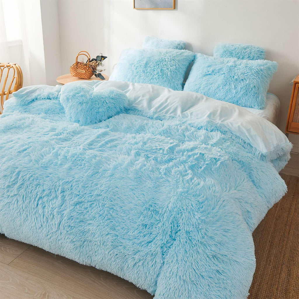 Fluffy Faux Fur Comforter Cover Set Queen - Ultra Soft Plush Bedding Sets 3 Pieces (1 Fluffy Duvet Cover + 2 Faux Fur Pillow case) Cute Bed Set