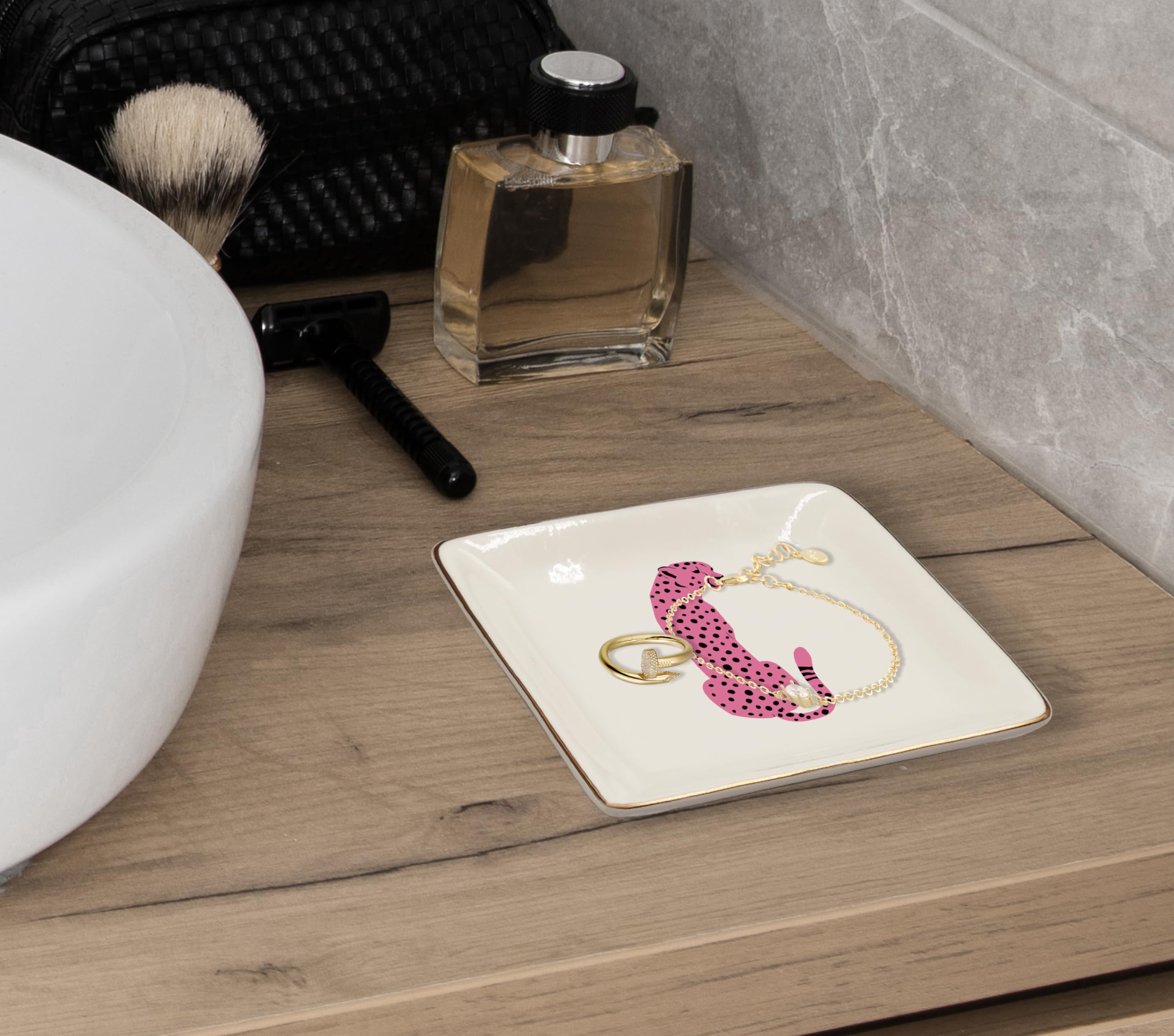 Ceramic Jewelry Tray Dish, Pink Print Jewelry Plate Trinket Dish