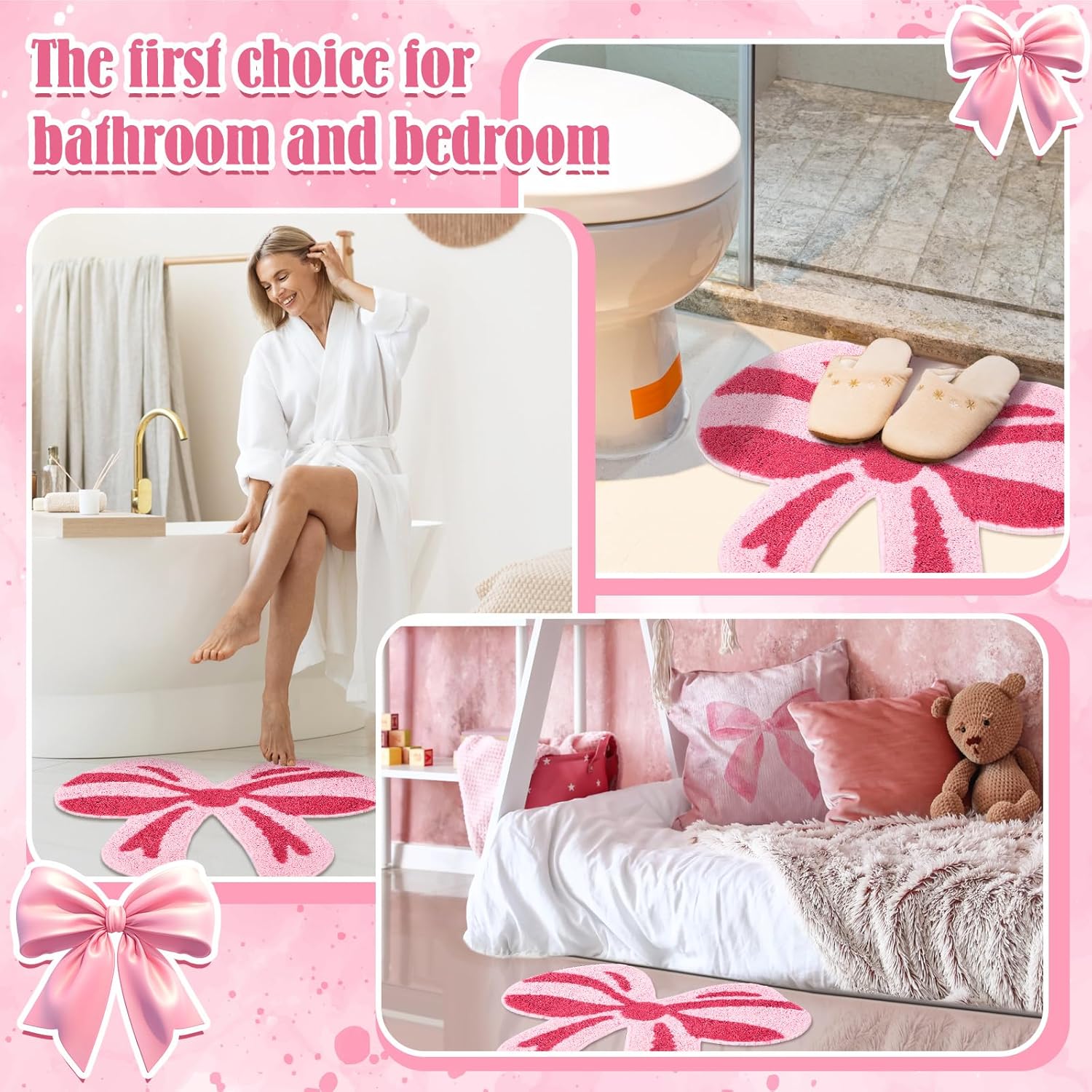 Pink Bow Bathroom Mat, 28 x 24 Inch Non Slip Bath Rugs Coquette Bow Bathmat Pink Bowknot Bathroom Rugs Bowknot Shaped Rug