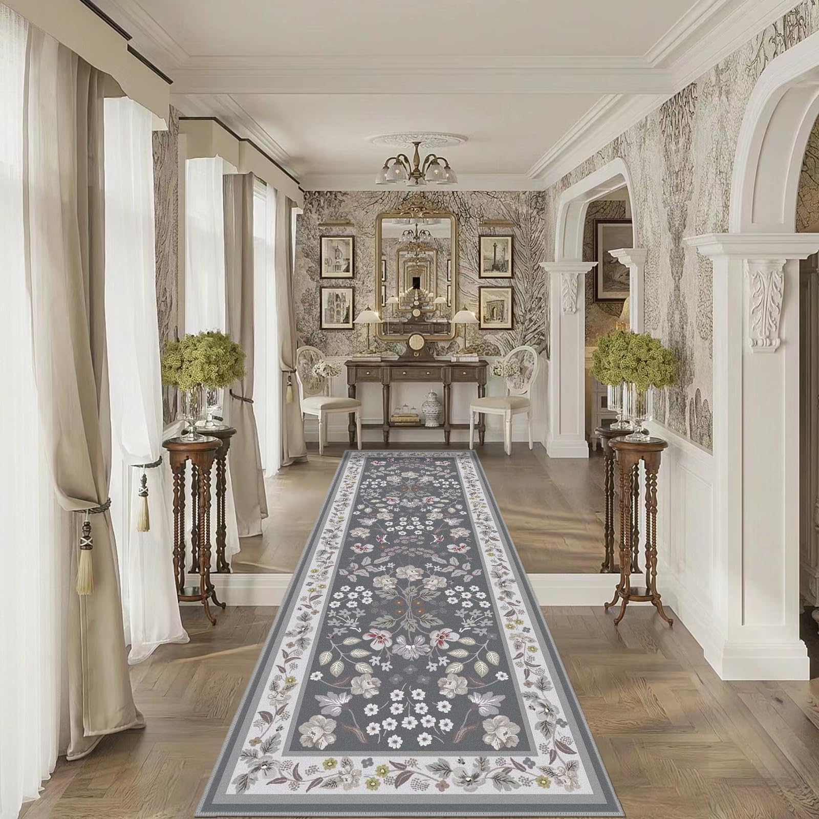 Washable Area Rug Non-Slip Area Rugs for Bedroom Soft Faux Wool Floral Rug with Rubber Backing Indoor Boho Area Rug