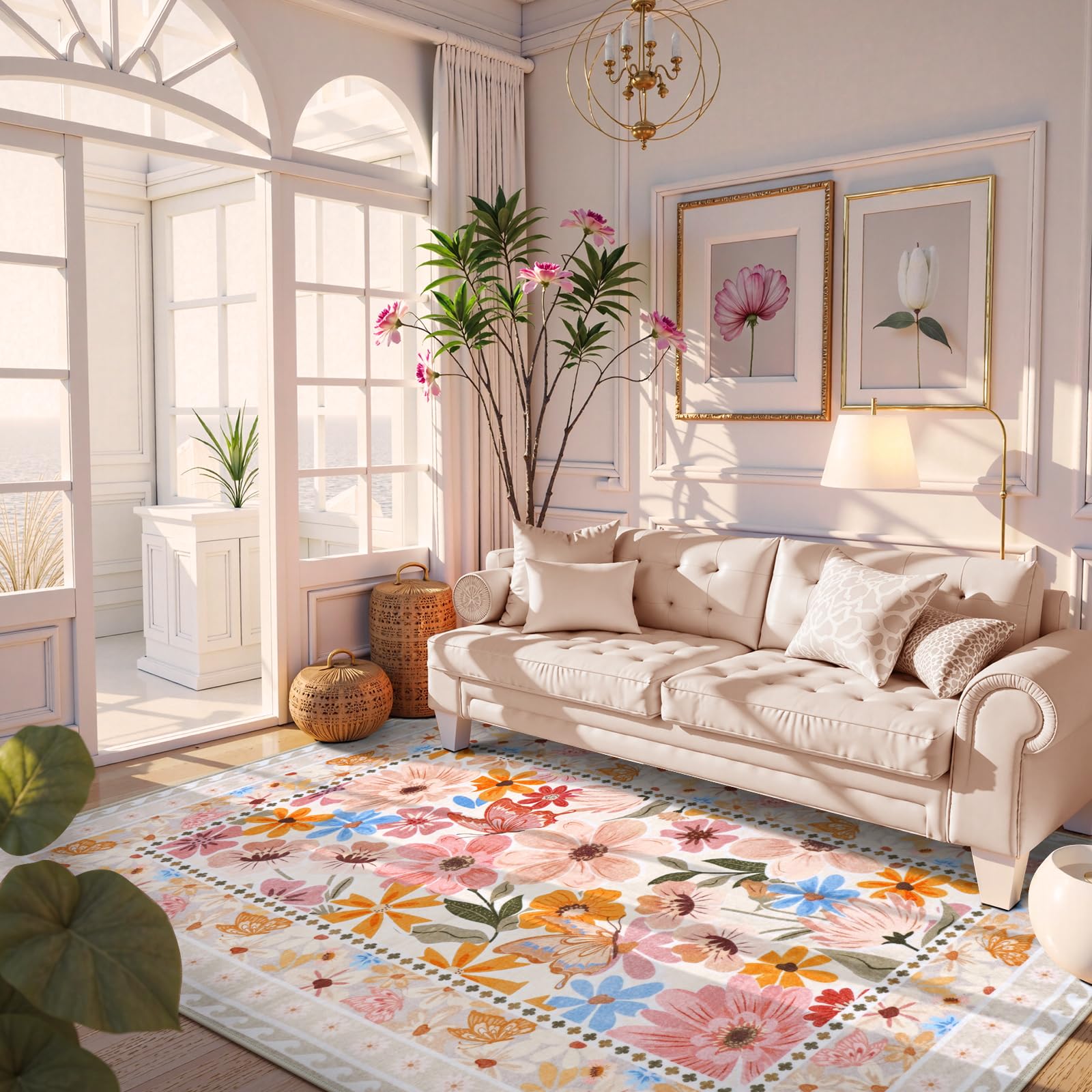 Floral Hallway Runner Rug, Runner Rugs Non Skid Washable, Low Pile Soft Boho Rugs