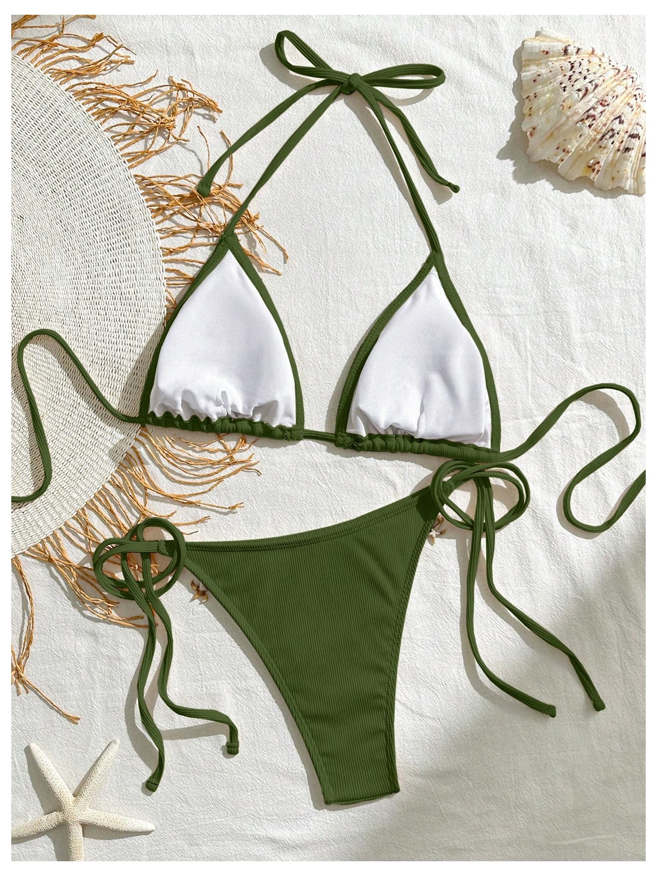 Women's 2 Piece Halter Triangle Bathing Suit Ribbed Bikini Swimsuits