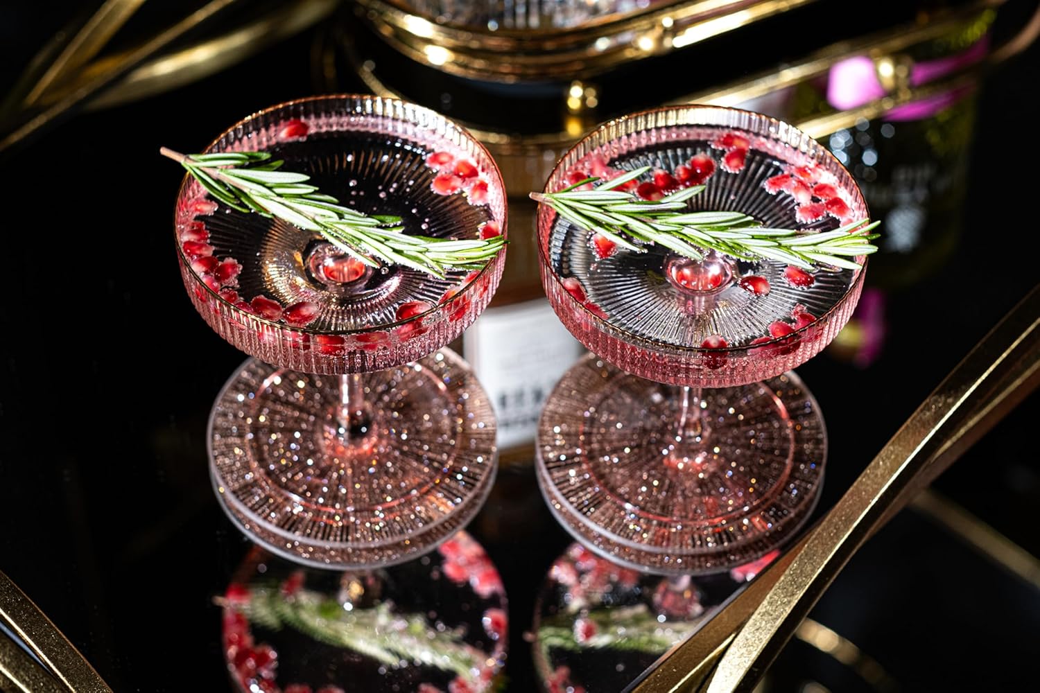 Vintage Art Deco Blush Pink Coupe Glasses with Gold Rims | Set of 4 | 7 oz Crystal Ribbed Cocktail Glassware