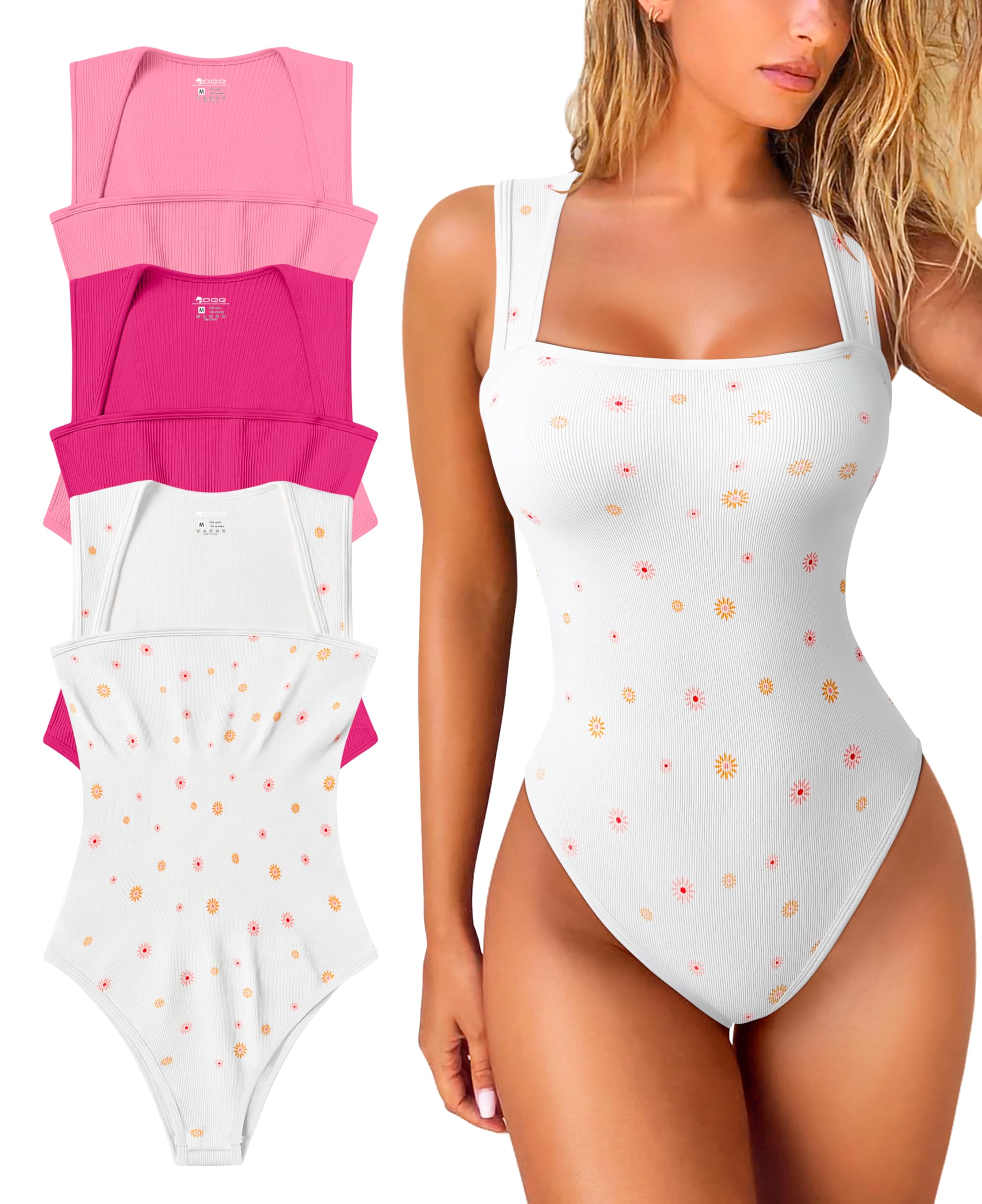 Women's 3 Piece Bodysuits Sexy Ribbed Strappy Square Neck Sleeveless Tummy Control Tank Tops Bodysuits