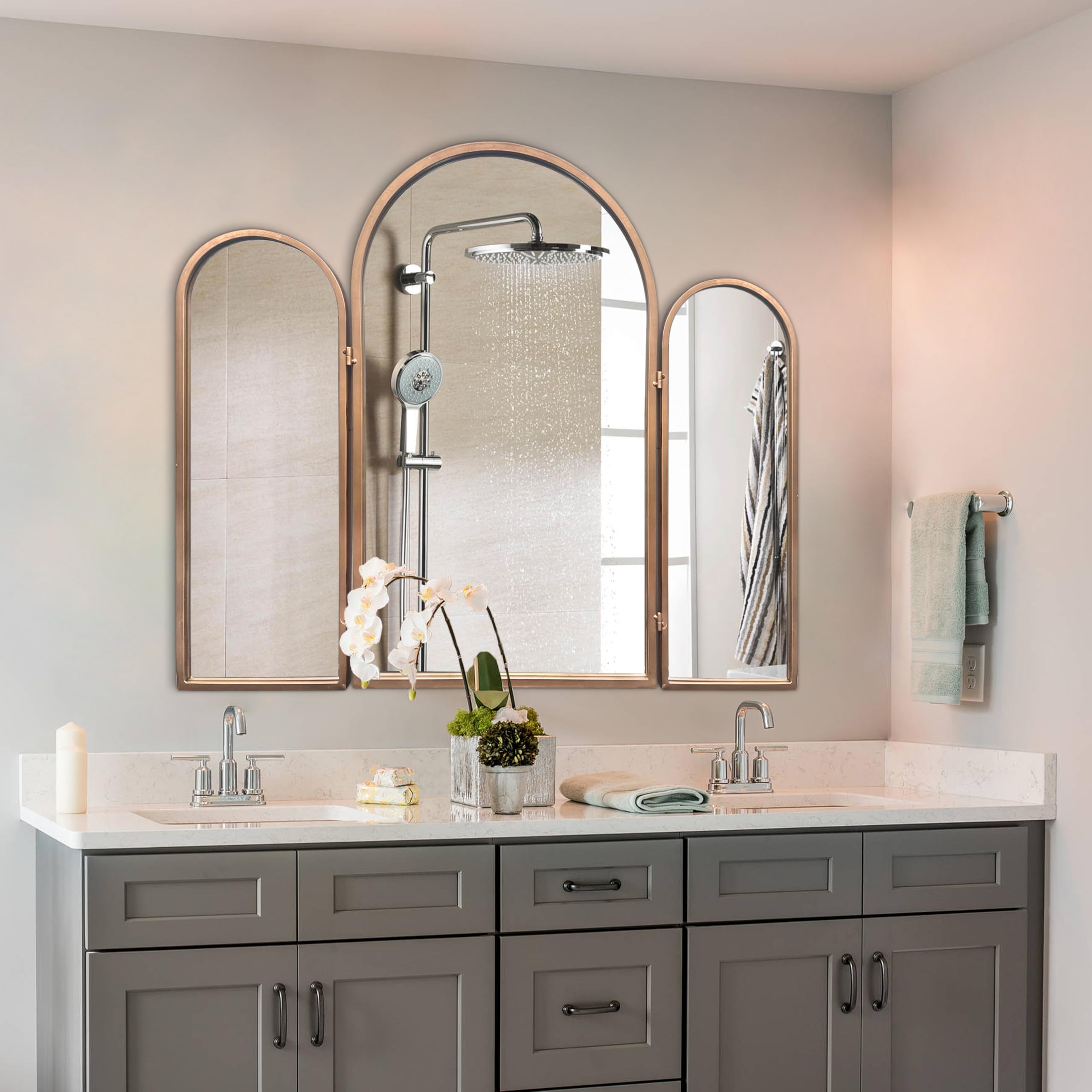 Trifold Vanity Mirrors 3 Way, 30 x 37in Adjustable Vanity Mirrors for Bathroom, Bedroom, Champaign Golden Arch Mirrors Wall Mounted Decoration, 360° Way