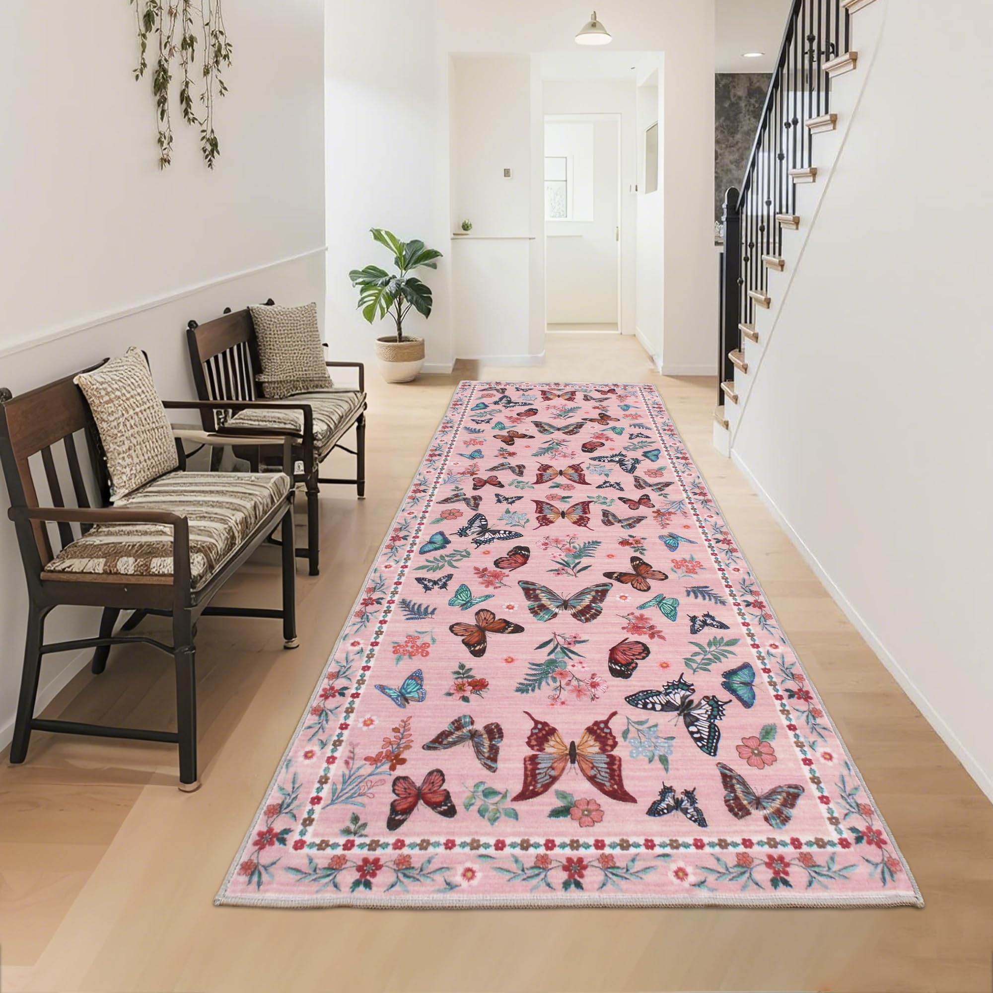 Insect Floral Area Rug, Machine Washable Area Rug Non-Slip Low Pile Large Bedroom Rug Stain Resistant Throw Rug Carpet