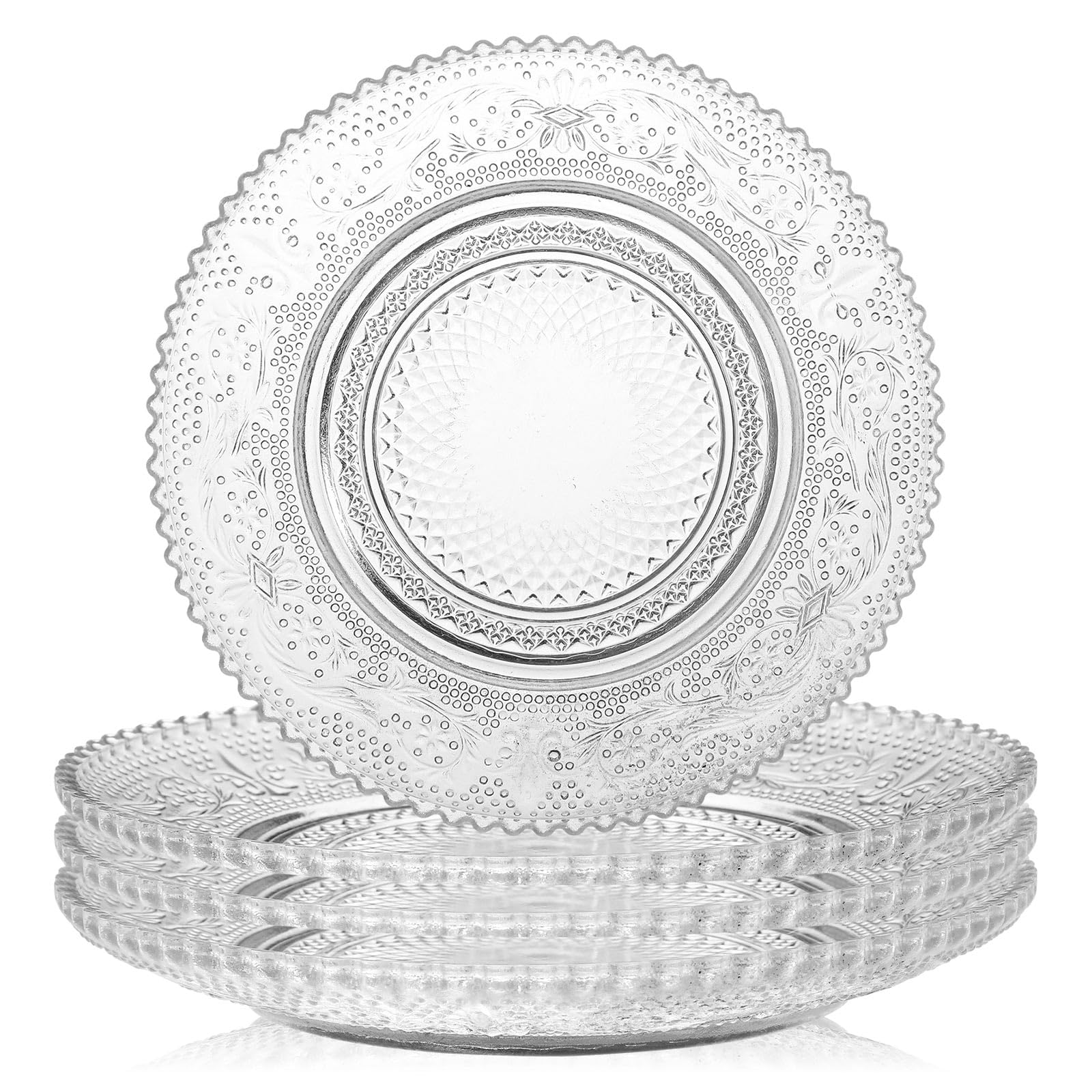 Glass Plates 4 Pack Vintage Dinnerware Set Clear Floral Textured Dinner Plates