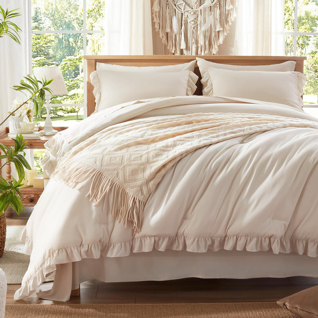 Comforter Set 7 Piece, Bed in a Bag with Sheets, All Season Ruffle Shabby Chic Bedding Sets with 1 Comforter, 2 Pillow Shams, 2 Pillowcases, 1 Flat Sheet, 1 Fitted Sheet