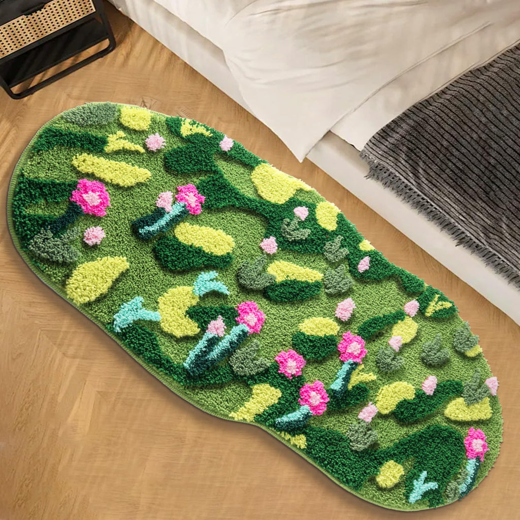 Green Moss Bathroom Rugs Bath Mat Non Slip, Ultra Soft Absorbent Aesthetic Decor Shaggy Tufted Flower Long Bath Rugs