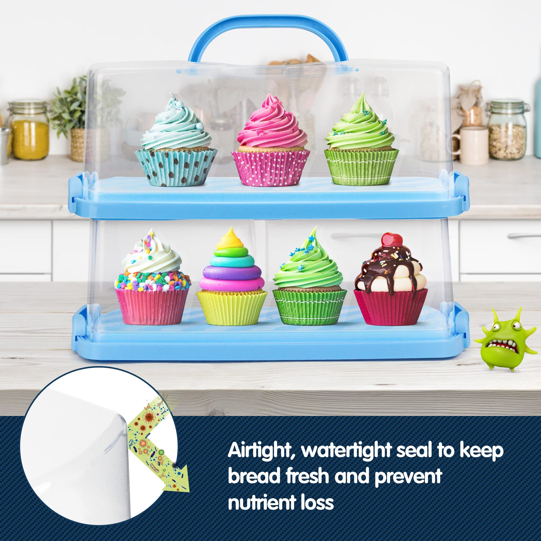 Plastic Rectangular Bread Box with Clear Lid, Loaf Cake Keeper, Portable Bread Keeper Storage Container with Handle