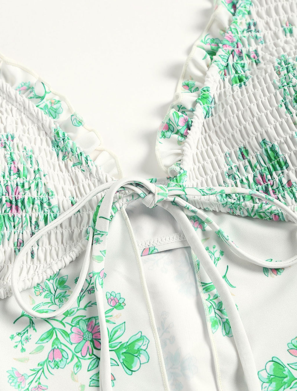 Tankini Swimsuits for Women Smocked Ruffles Tie Front Bowknot Textured High Cut Tanga Tankini Set