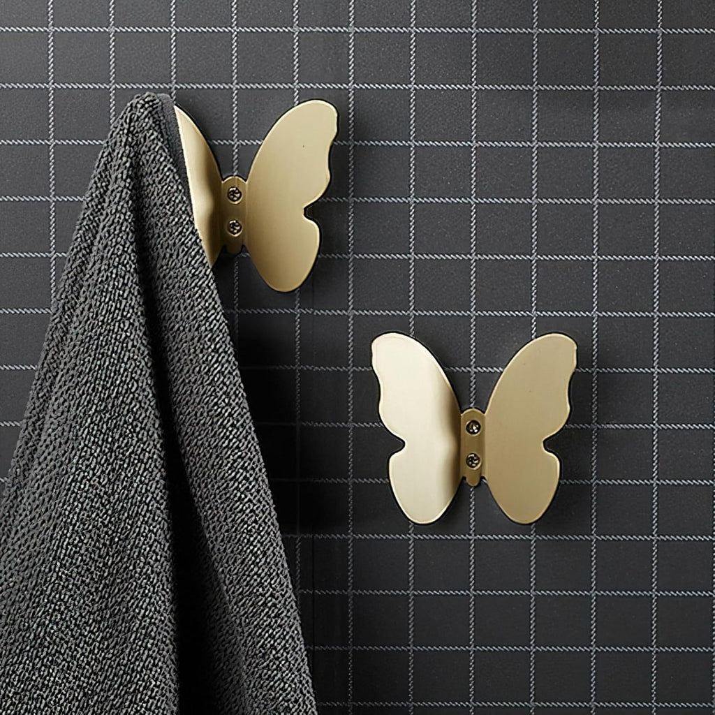 Wall Hooks Decorative, Small Modern Gold Brass Hook, Butterfly Bath Towel Hook, Coat Hat Robe Hooks for Girl's Bedroom, Stainless Steel, Wall Mounted, 2 pcs