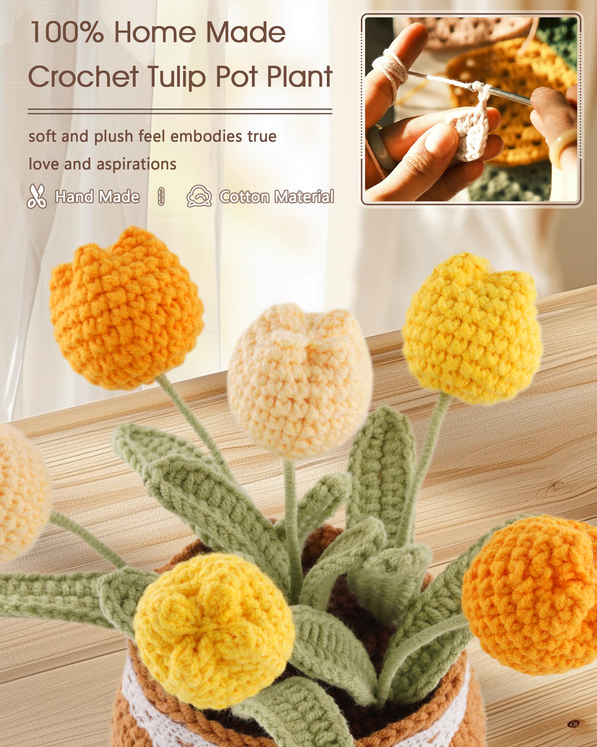 Crochet Tulip Potted Plant - Handmade Cotton Knitted Artificial Flowers, 6 Tulips Pot Plant with Bendable Leaves