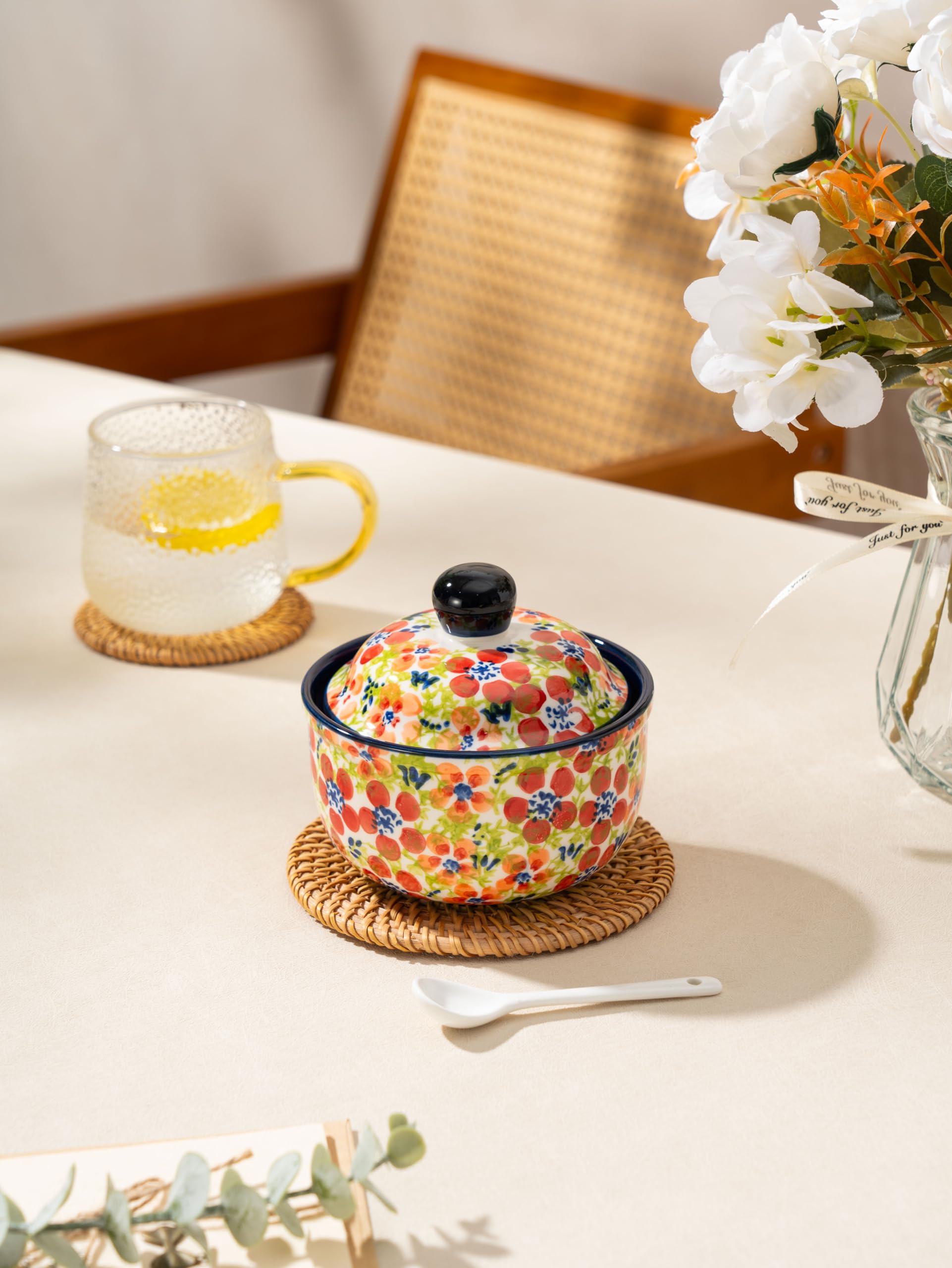 Handmade Sugar Bowl with Lid and Spoon, 10 Ounce Ceramic Hand-Painted Sugar Jar for Kitchen Oven, Dishwasher & Microwave Safe, Glazed