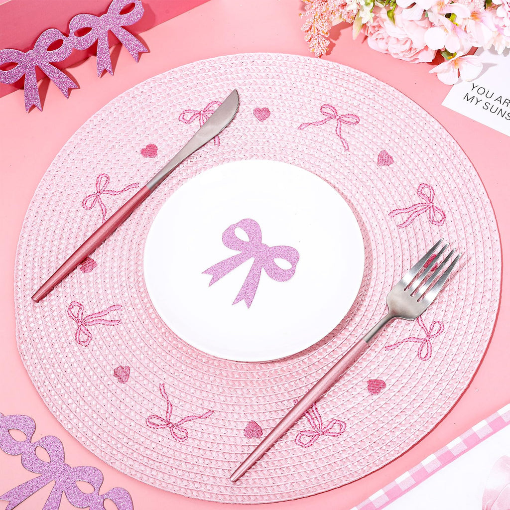 Whaline 4Pcs Round Placemats Pink Bow Embroidered Place Mats Coquette Bow Dinner Table Mats for Home Wedding Baby Shower Birthday Party Decor