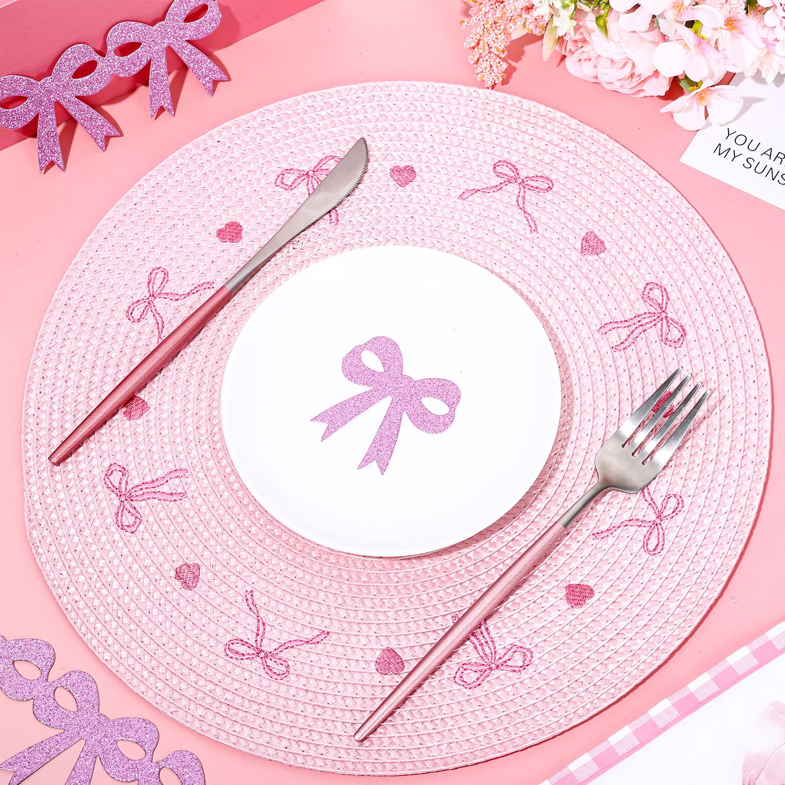 Whaline 4Pcs Round Placemats Pink Bow Embroidered Place Mats Coquette Bow Dinner Table Mats for Home Wedding Baby Shower Birthday Party Decor