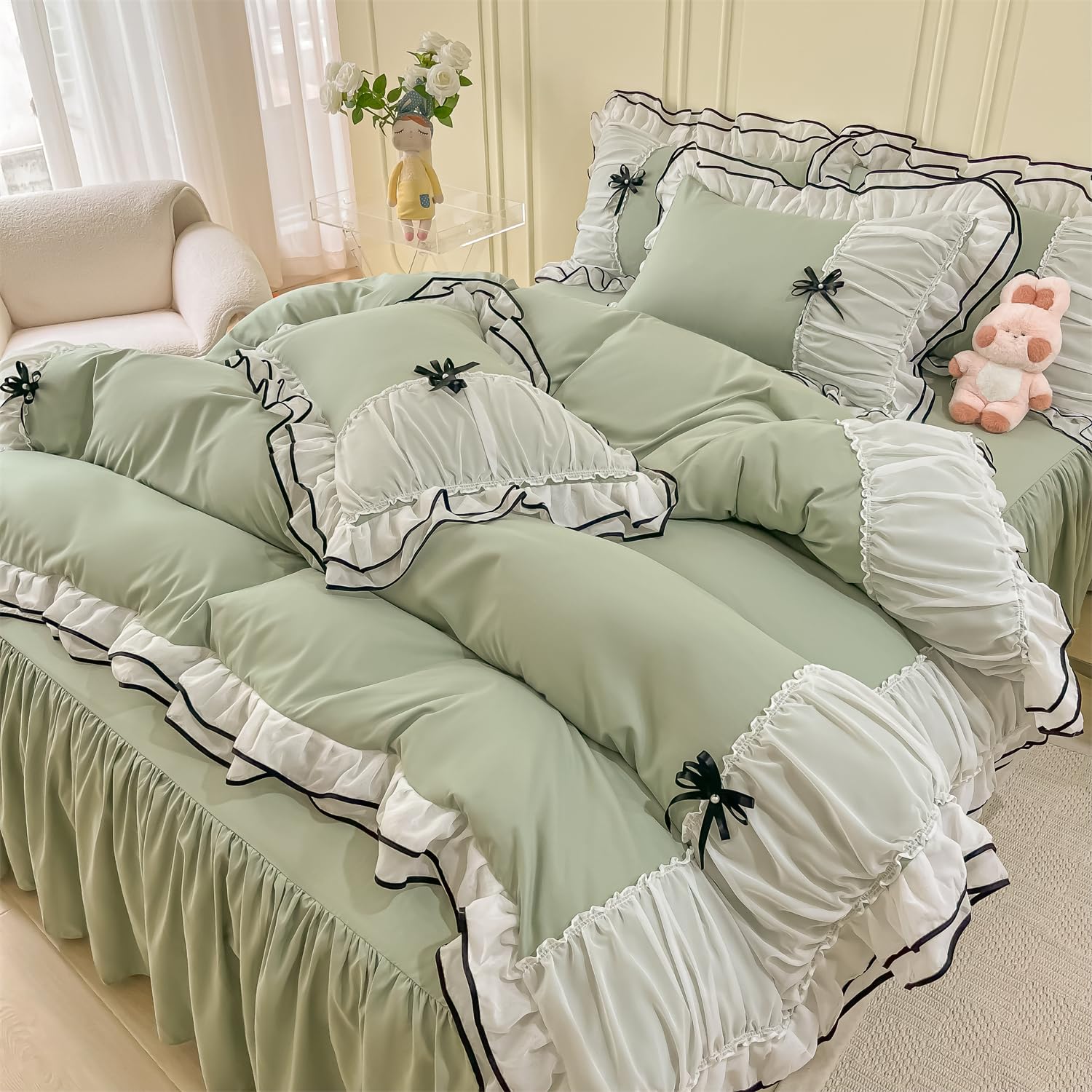 Duvet Cover Ruffle Beddding Set with Bowtie - 3 Pieces Comforter Cover Set with Zipper Closure & Pillowcase - Comforter Not Included