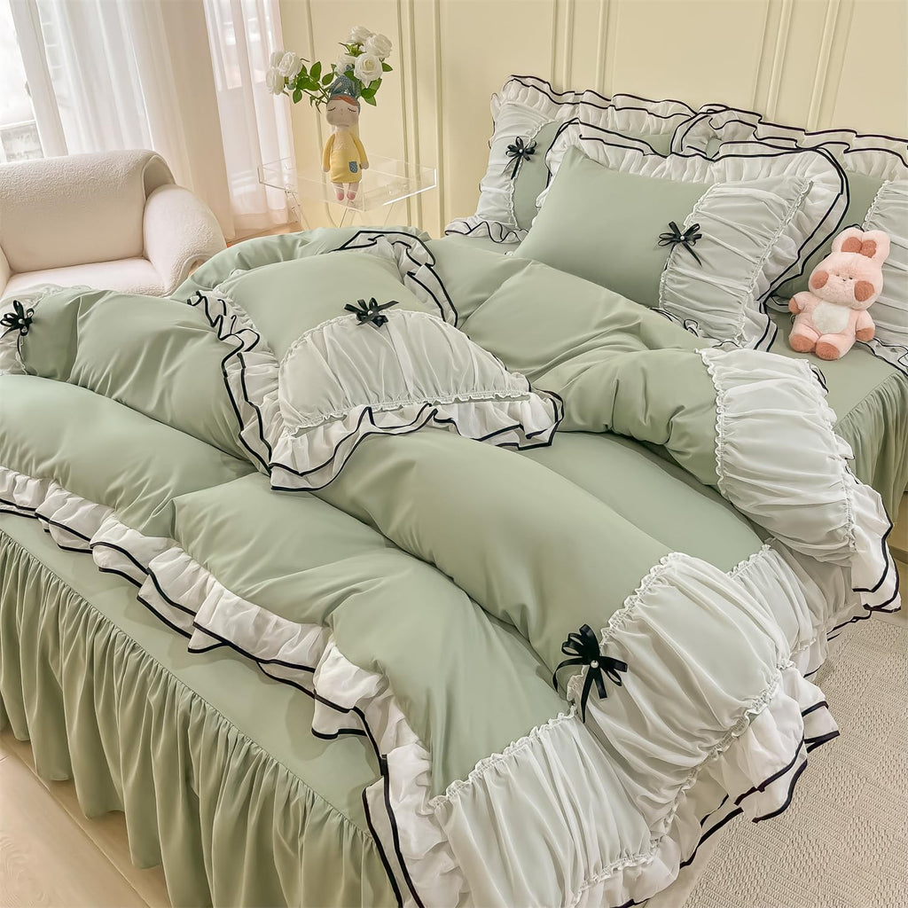 Duvet Cover Ruffle Beddding Set with Bowtie - 3 Pieces Comforter Cover Set with Zipper Closure & Pillowcase - Comforter Not Included