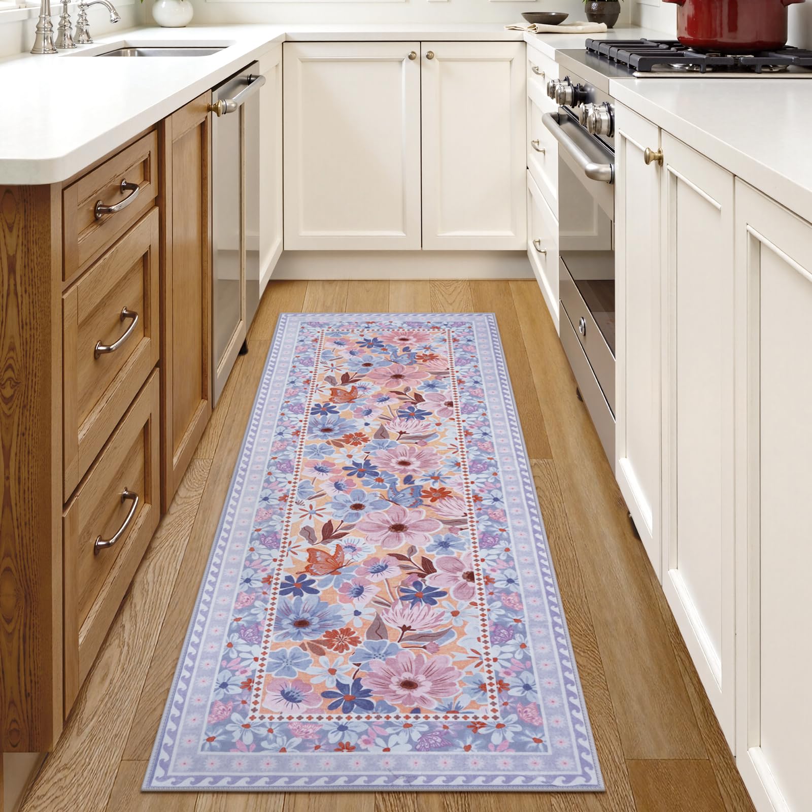 Floral Hallway Runner Rug, Runner Rugs Non Skid Washable, Low Pile Soft Boho Rugs