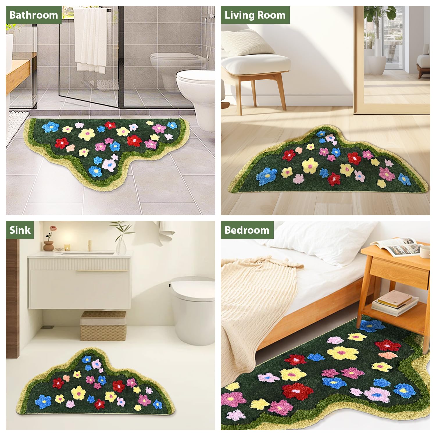 Green Moss Bathroom Rugs Bath Mat Non Slip, Ultra Soft Absorbent Aesthetic Decor Shaggy Tufted Flower Long Bath Rugs