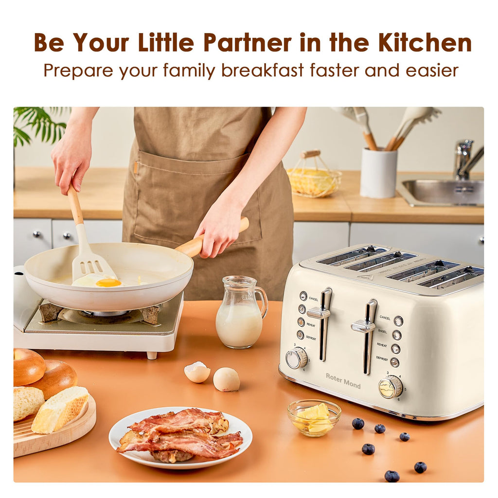 Toaster 4 Slice Retro Stainless Steel with Extra Wide Slots, Reheat Function, Dual Independent Control Panel, Removable Crumb Tray, 6 Browning Levels