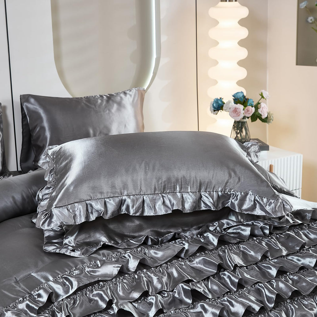 Ruffle Comforter Set 8 Pieces Satin Comforter Set with Sheet Set - Waterfall Ruffle Design Luxurious Silky Comforter Set
