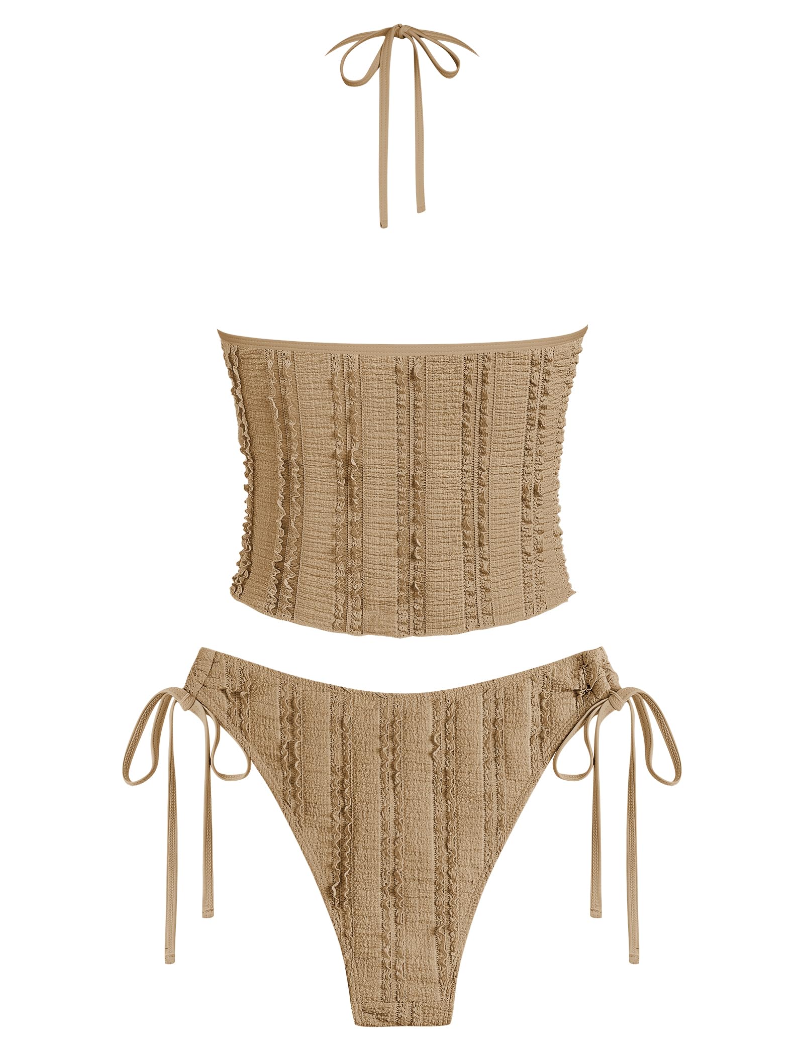 Tankini Swimsuits for Women Smocked Ruffles Tie Front Bowknot Textured High Cut Tanga Tankini Set