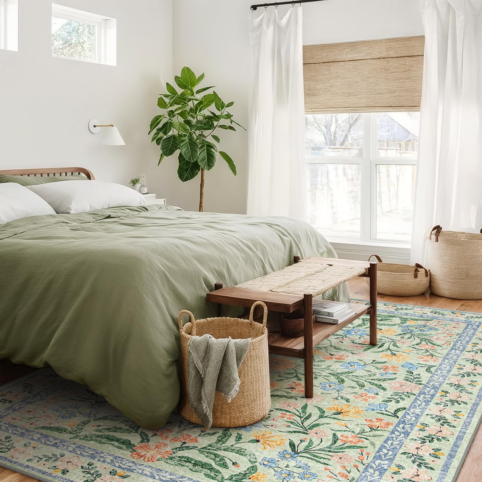 Machine Washable Boho Soft Floral Carpet Non Slip, Indoor Ultra-Thin Floor Carpet for Kid Room Living Room Dorm