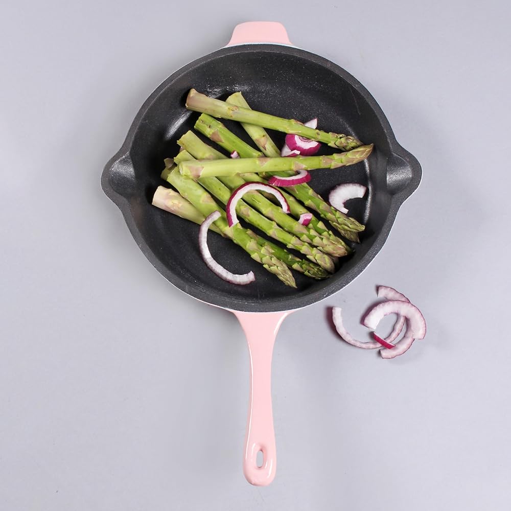 Pink Enameled Cast Iron Cookware Set, Grill Pan 11 Hes, Fry Pan 10 Hes, Oven Safe Up To 400°F, 2Pc