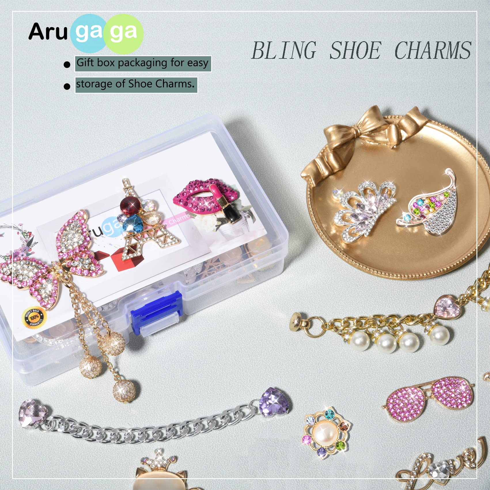 Girls 30 PCS Bling Shoe Charms, Luxury Rhinestone Jewelry Shoe Decoration and Chain for Clog Sandals Accessories