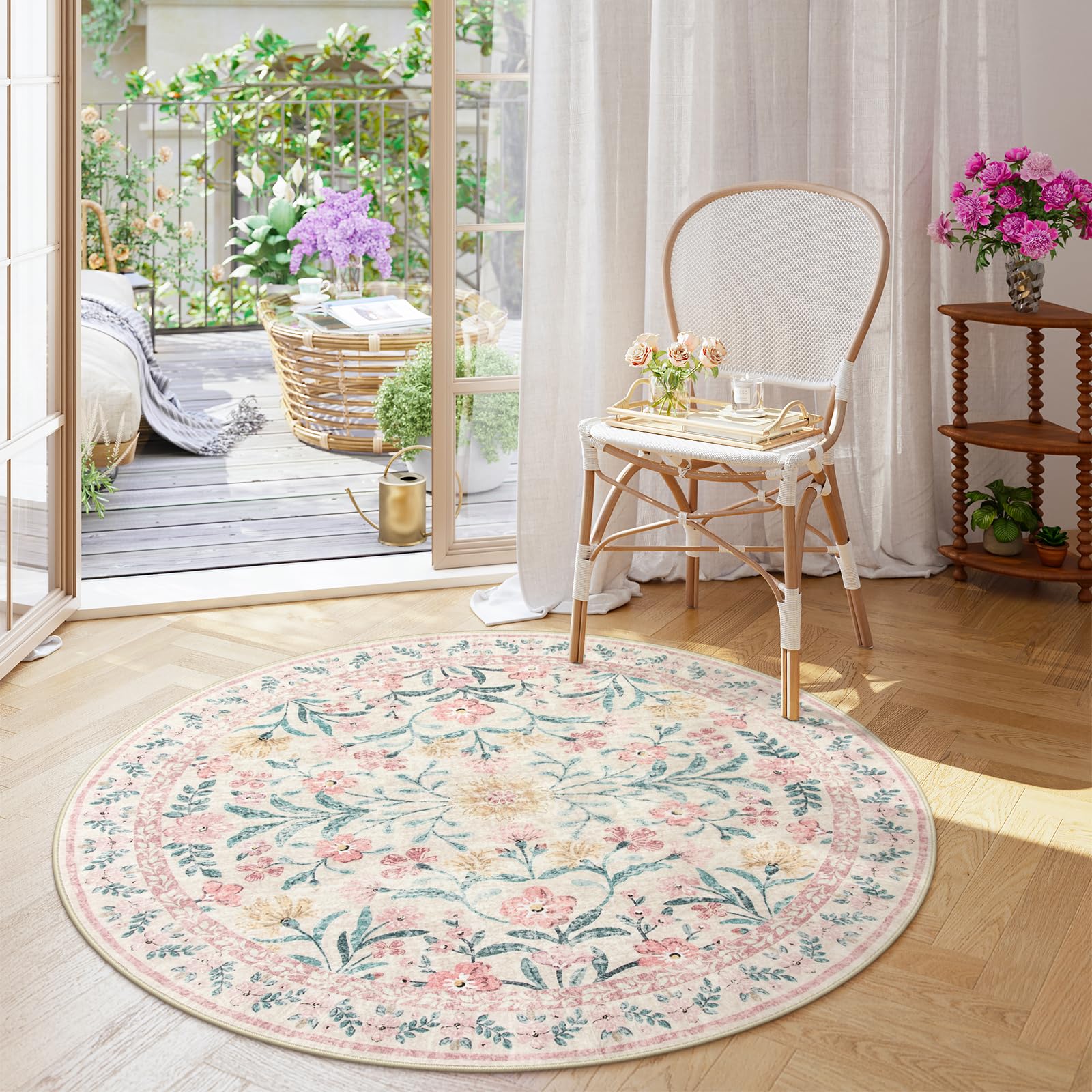 Machine Washable Boho Soft Floral Carpet Non Slip, Indoor Ultra-Thin Floor Carpet for Kid Room Living Room Dorm