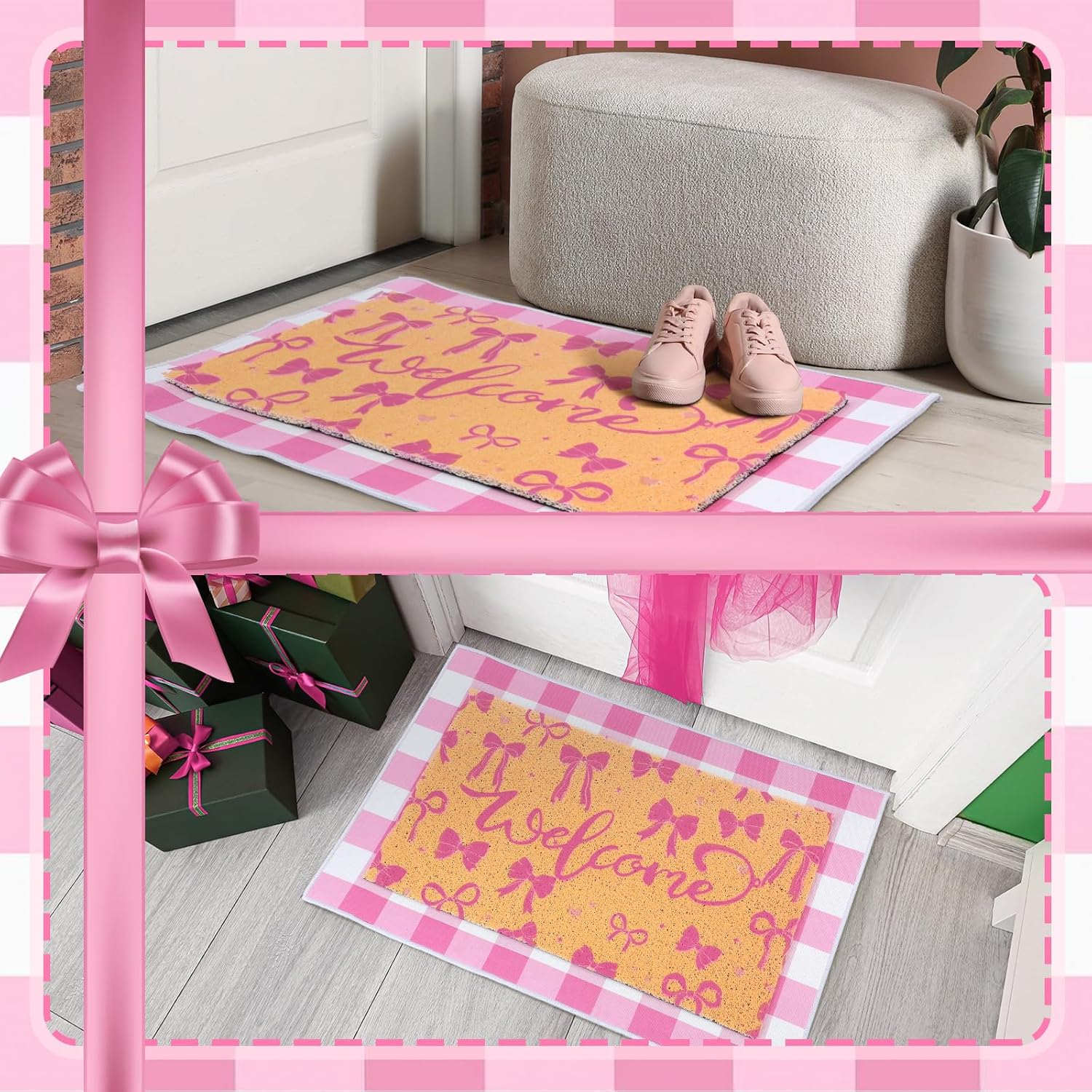 Pink Coquette Bow Door Mat Pink White Checkered Welcome Mat Watercolor Floor Rugs Bow Printed Doormat 2 Pcs