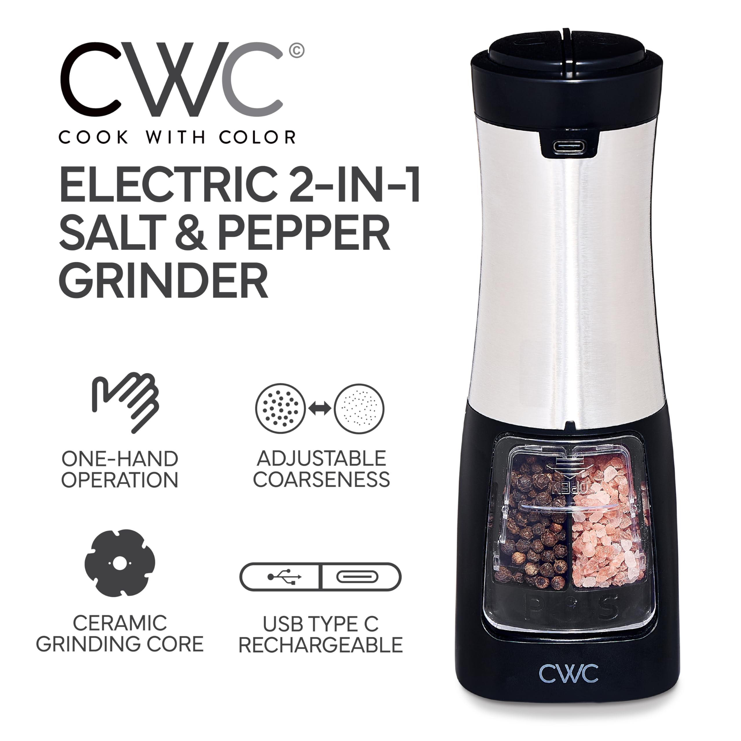 Rechargeable Salt & Pepper Shaker - 2-in-1 Grinders for Salt and Pepper