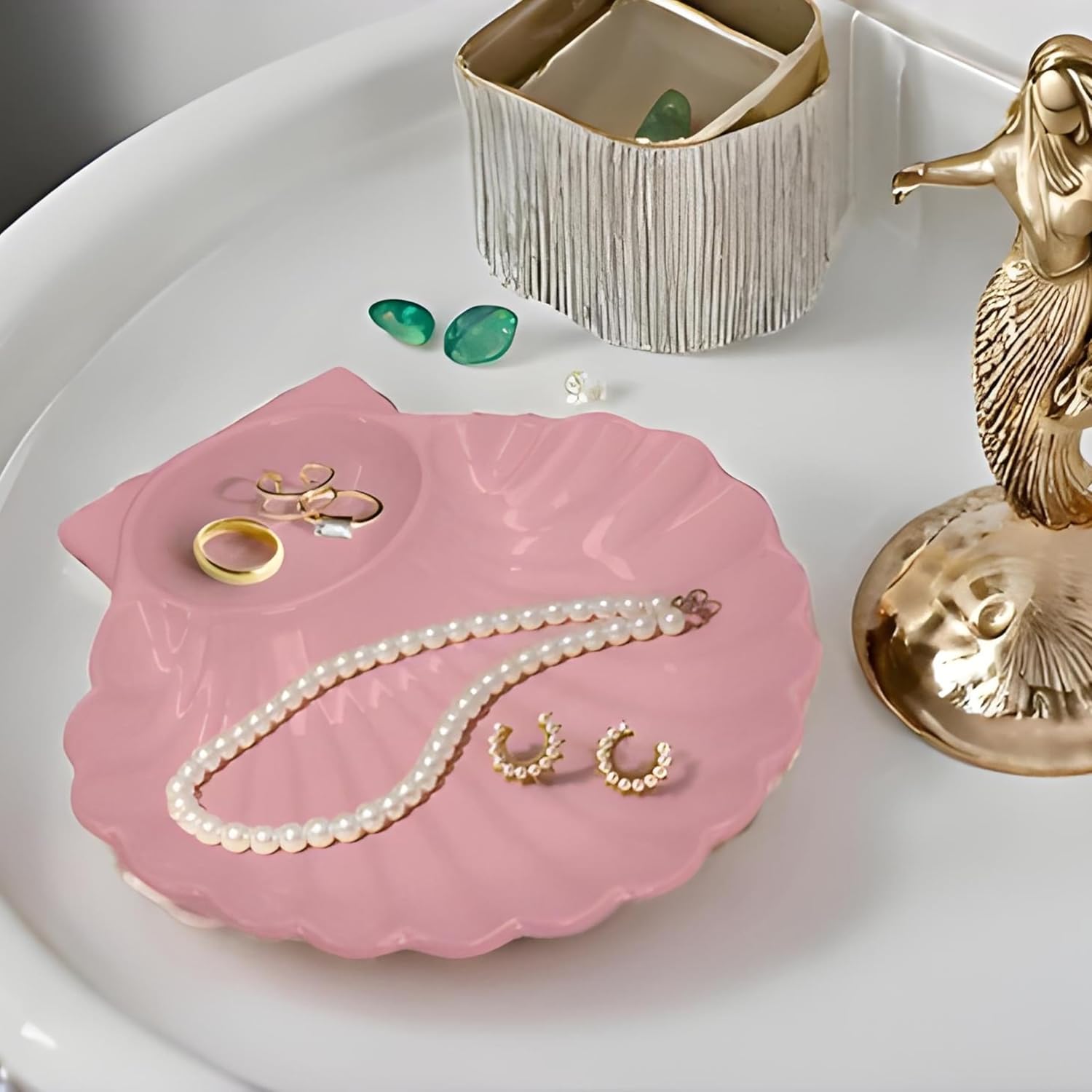 Cute Shell Jewelry Holder for Pink Coquette Room Decor - Seashell Jewelry Dish Trinket Tray for Women, Pink Ceramic Trinket Dish, Seashell Ring Holder