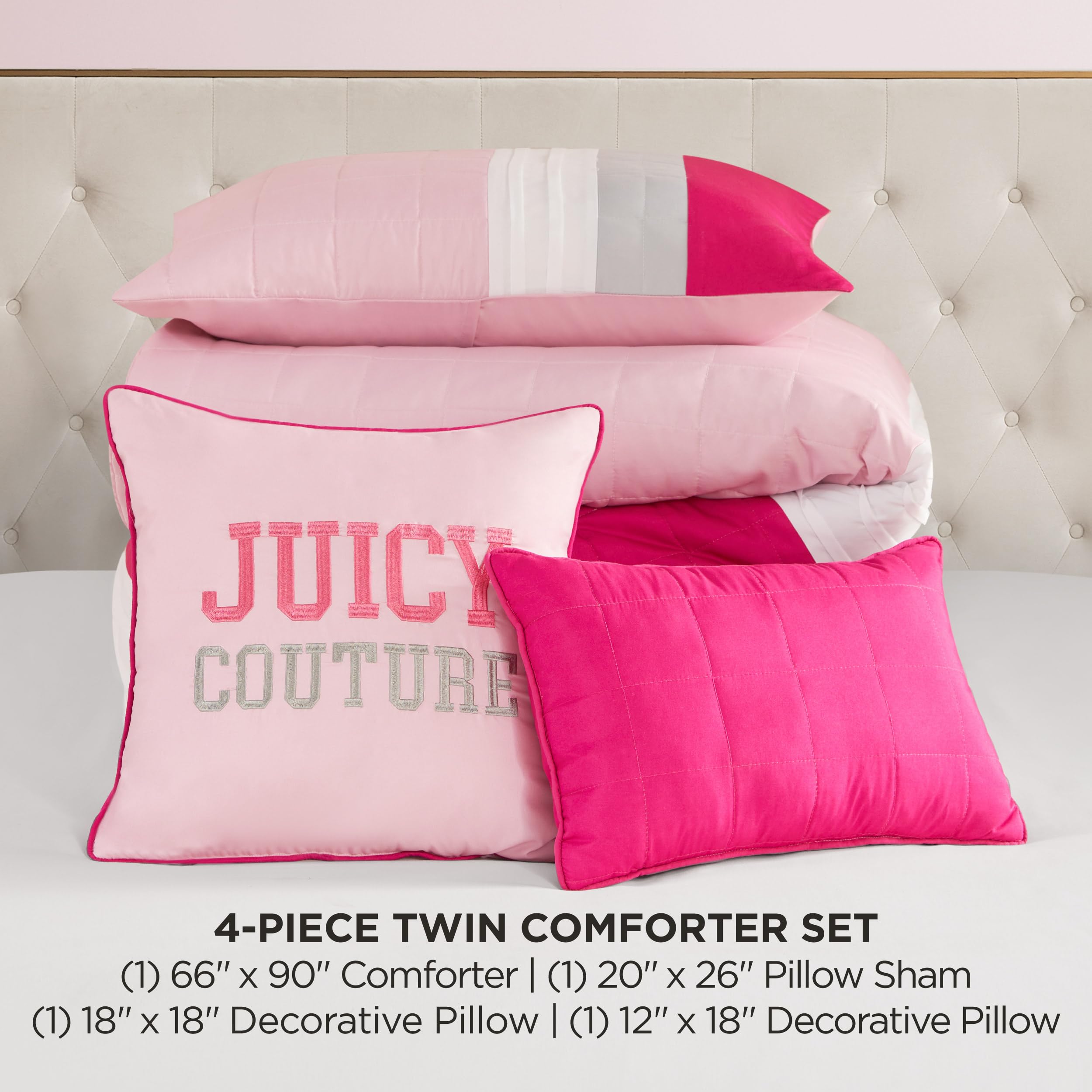 Juicy Couture Color Blocked King Striped 5-Piece Comforter Set - Pink/White/Grey Designer Bedding Set