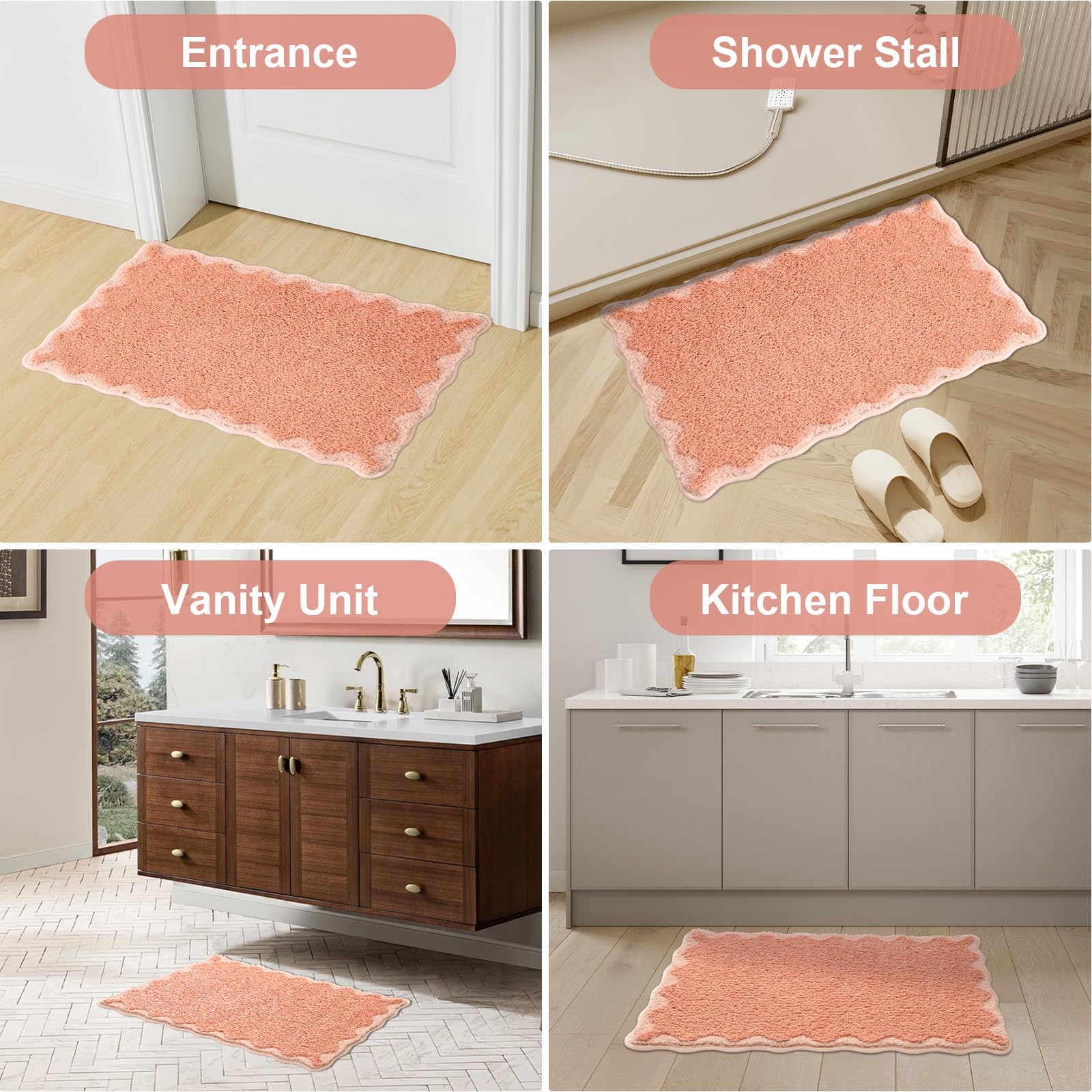 Cute Scalloped Bath Mat, Fun Plush Microfiber Scallop Bathroom Rugs Non Slip Washable Quick Dry Absorbent