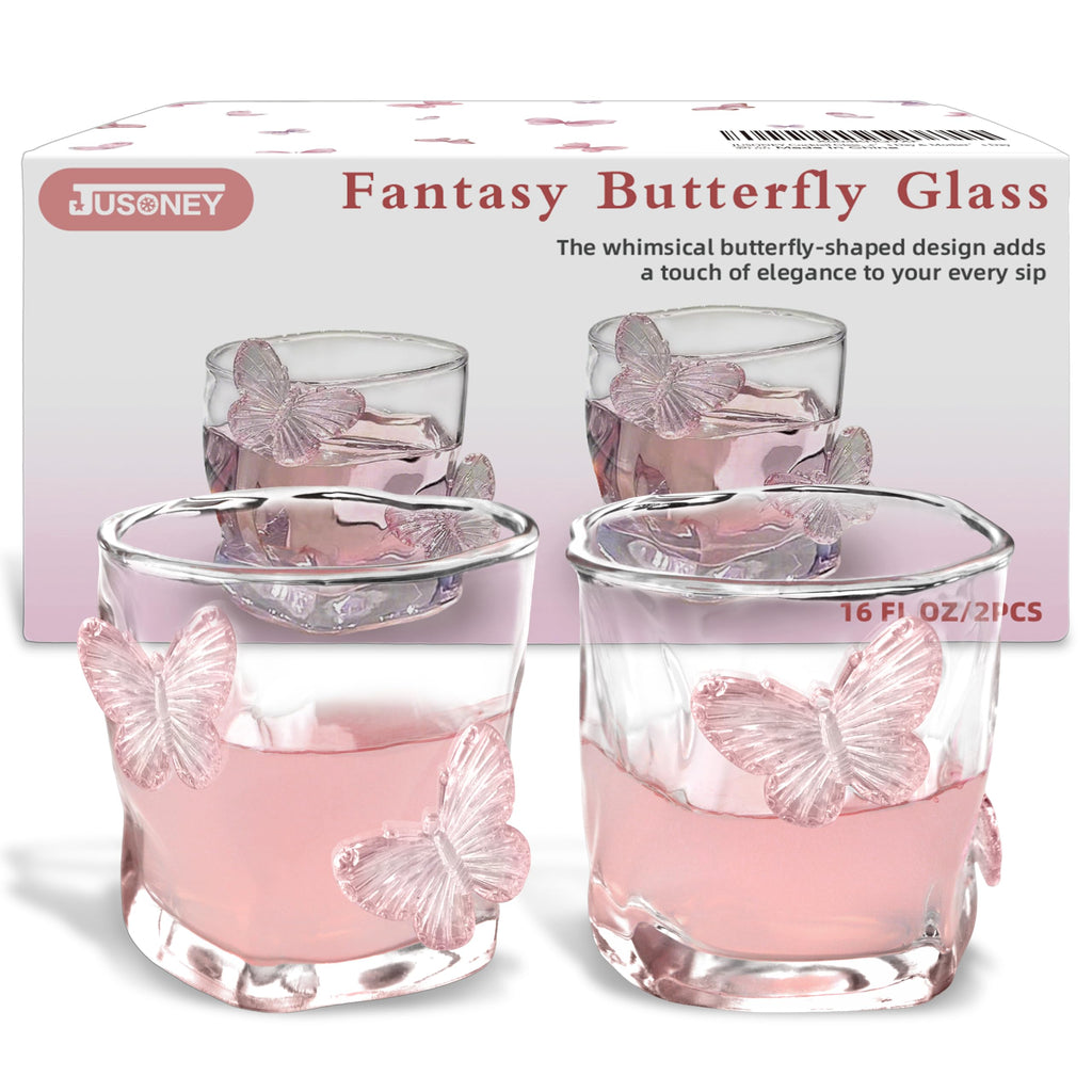Pink Butterfly Design Glassware l Set of 2