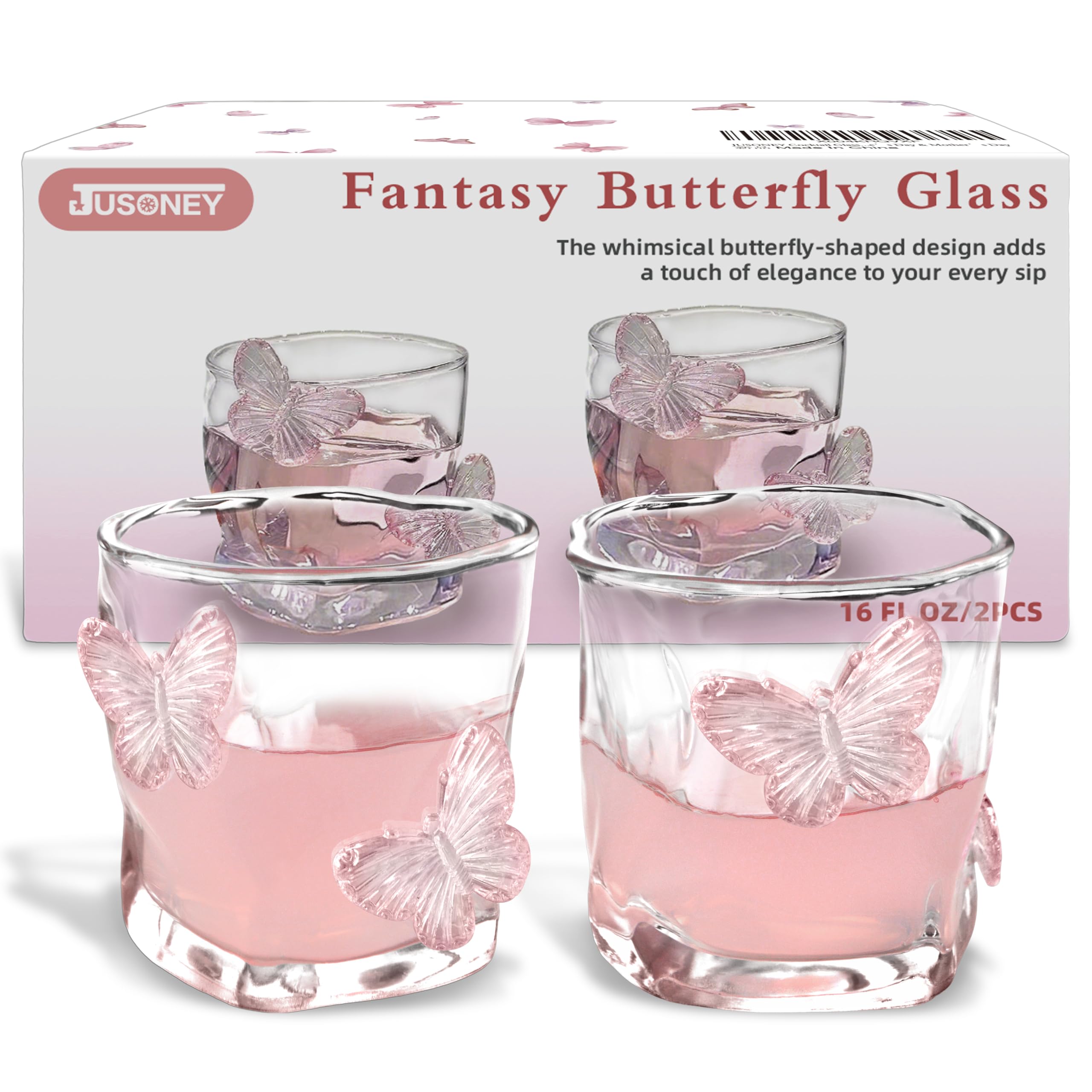 Pink Butterfly Design Glassware l Set of 2