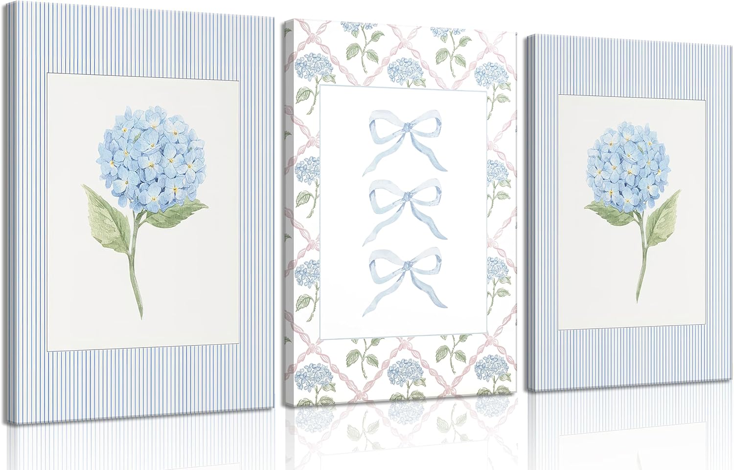 Blue Hydrangea Canvas Wall Art -  Watercolor Bow Coquette Paintings Posters