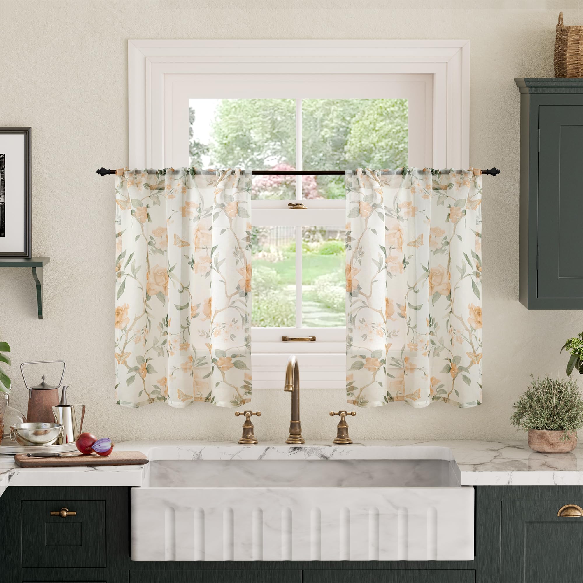 Floral Sheer Curtains, Vintage Light Filtering Semi-Sheer Linen Curtains