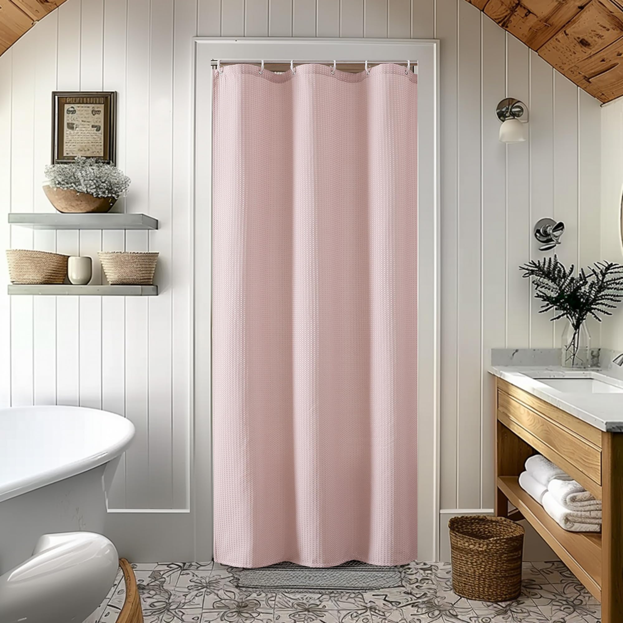 Waffle Textured Heavy Duty Fabric Shower Curtain for Bathroom, Luxury Hotel Weighted 230GSM Bath Curtain with 12 Plastic Hooks, Machine Washable, 72x72